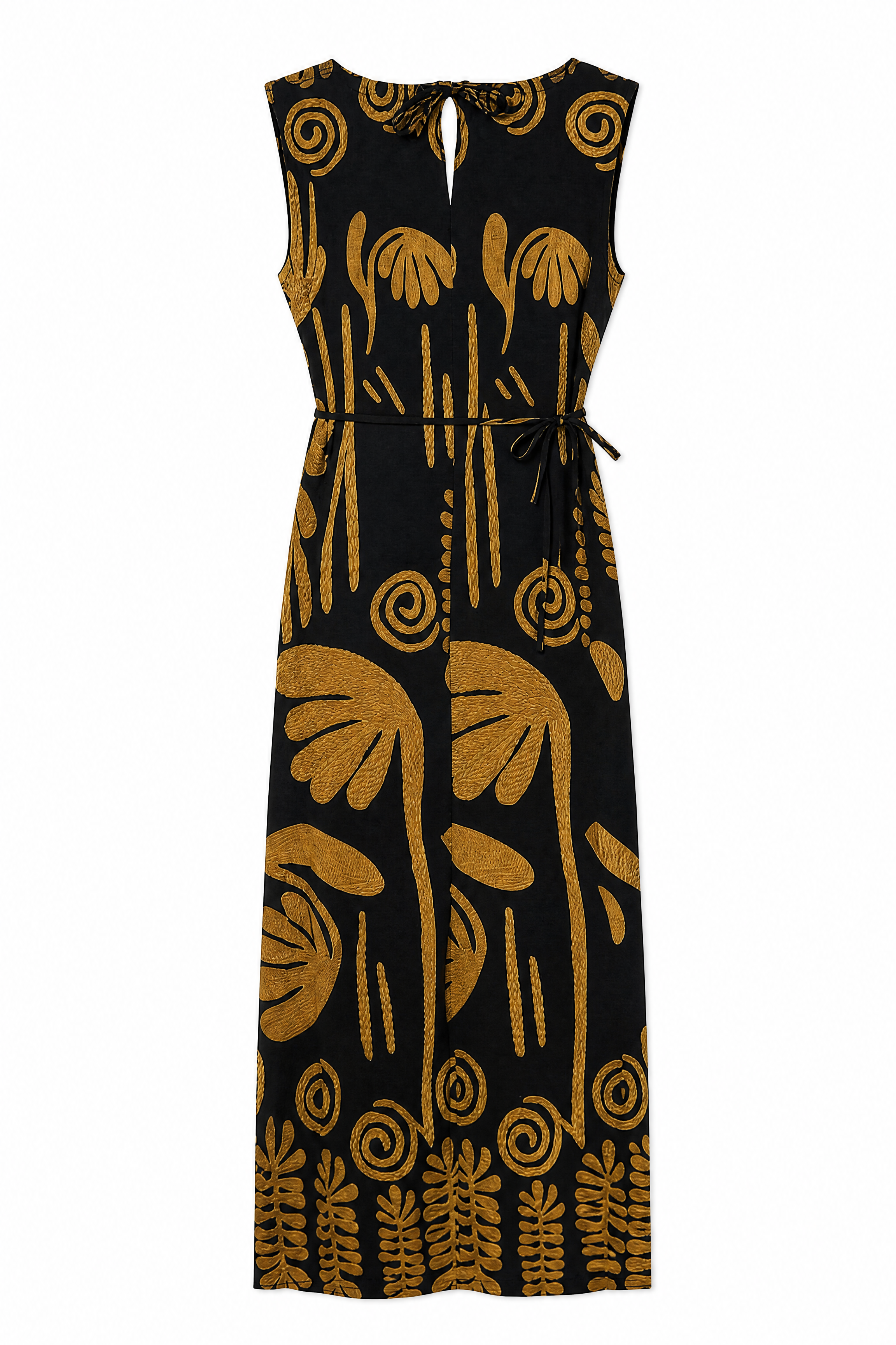 Women’s Black Floral Print Sleeveless Maxi Dress with Belted Waist