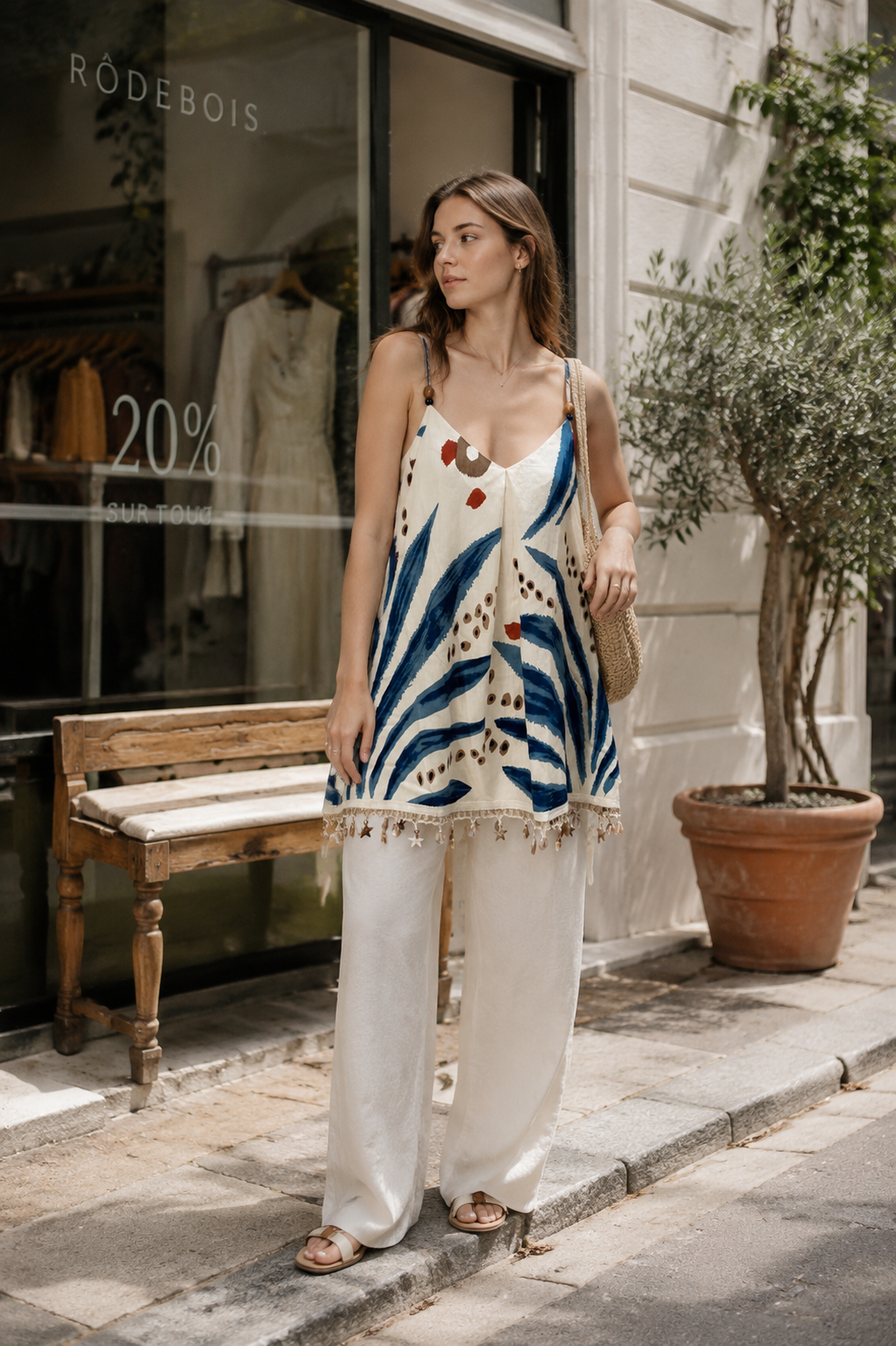 Women’s Tropical Leaf Print Spaghetti Strap Cami Top with Pom Pom Trim 2882-3