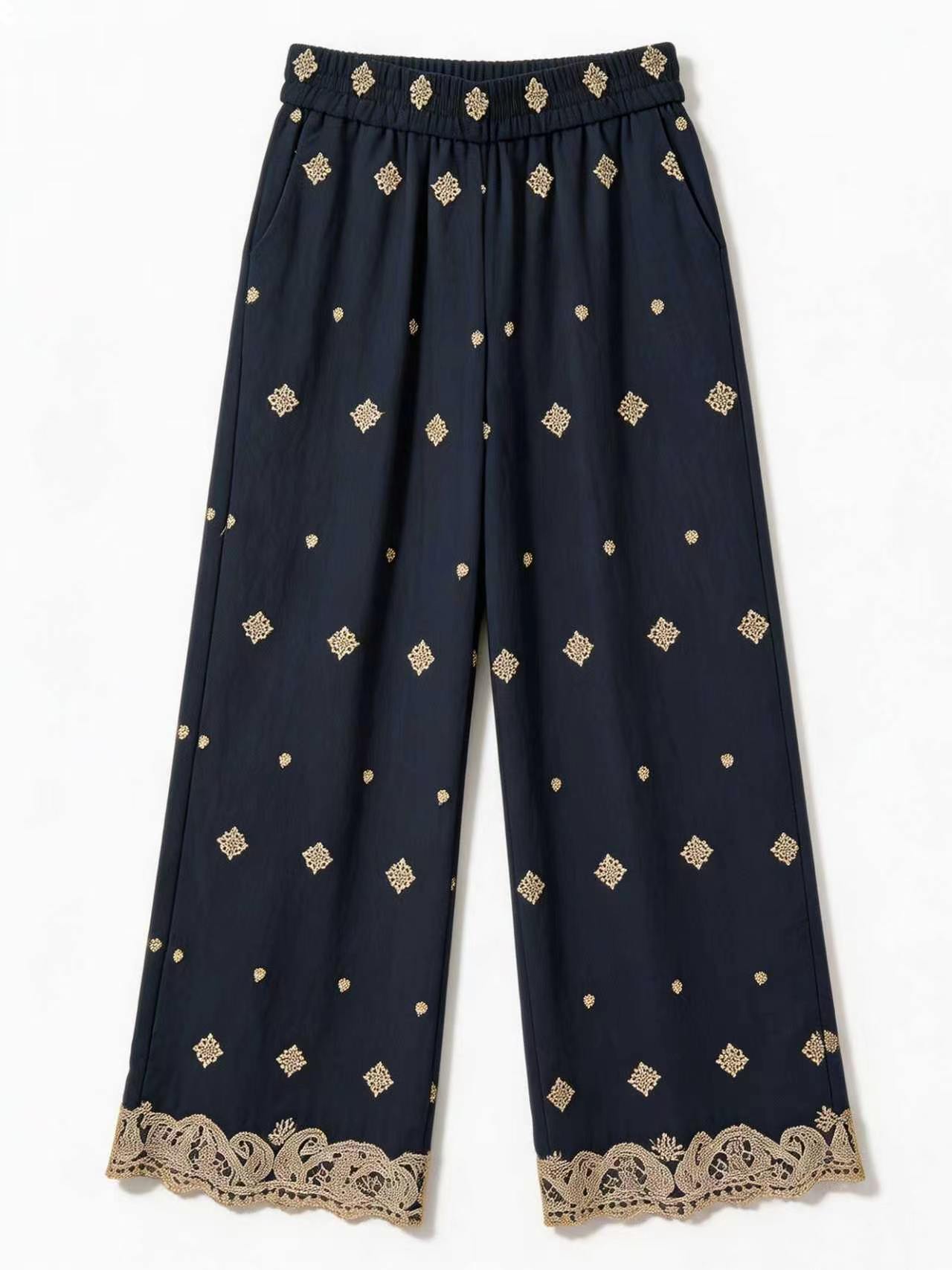 Minimalist High-Waisted Embroidered Wide-Leg Trousers AN-710002
