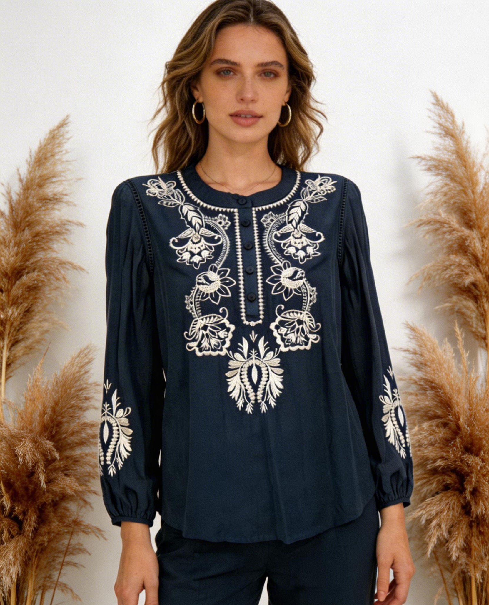 Women’s Boho Embroidered Long Sleeve Tunic Blouse W-18566