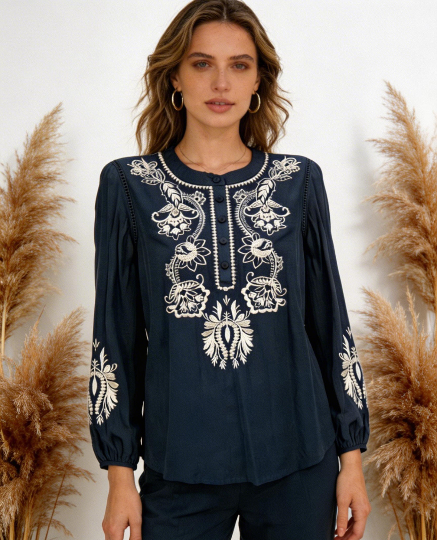 Women’s Boho Embroidered Long Sleeve Tunic Blouse W-18566