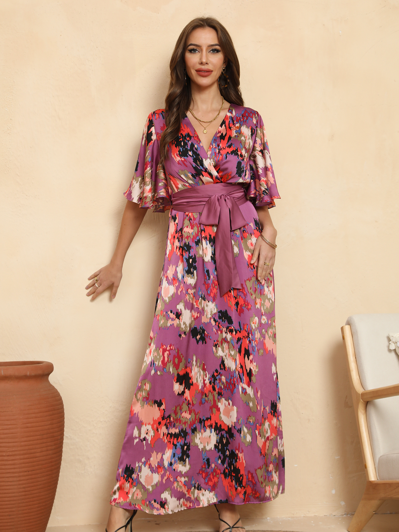 Vibrant Floral Wrap Belted Flutter Sleeve Maxi Dress W-32906
