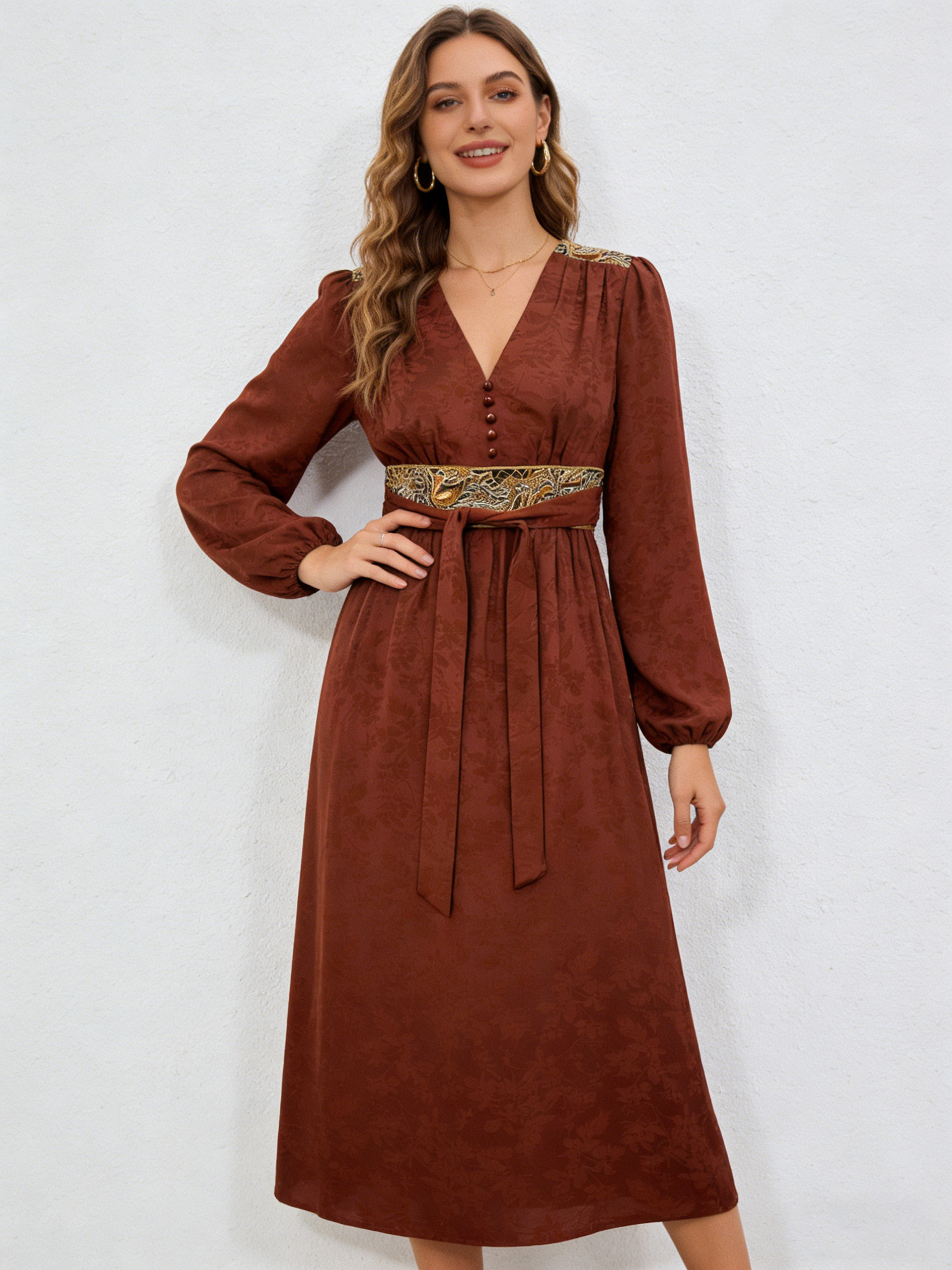 Boho Rust Brown Maxi Dress - Floral Jacquard & Gold Embroidery Waistband  W-37480