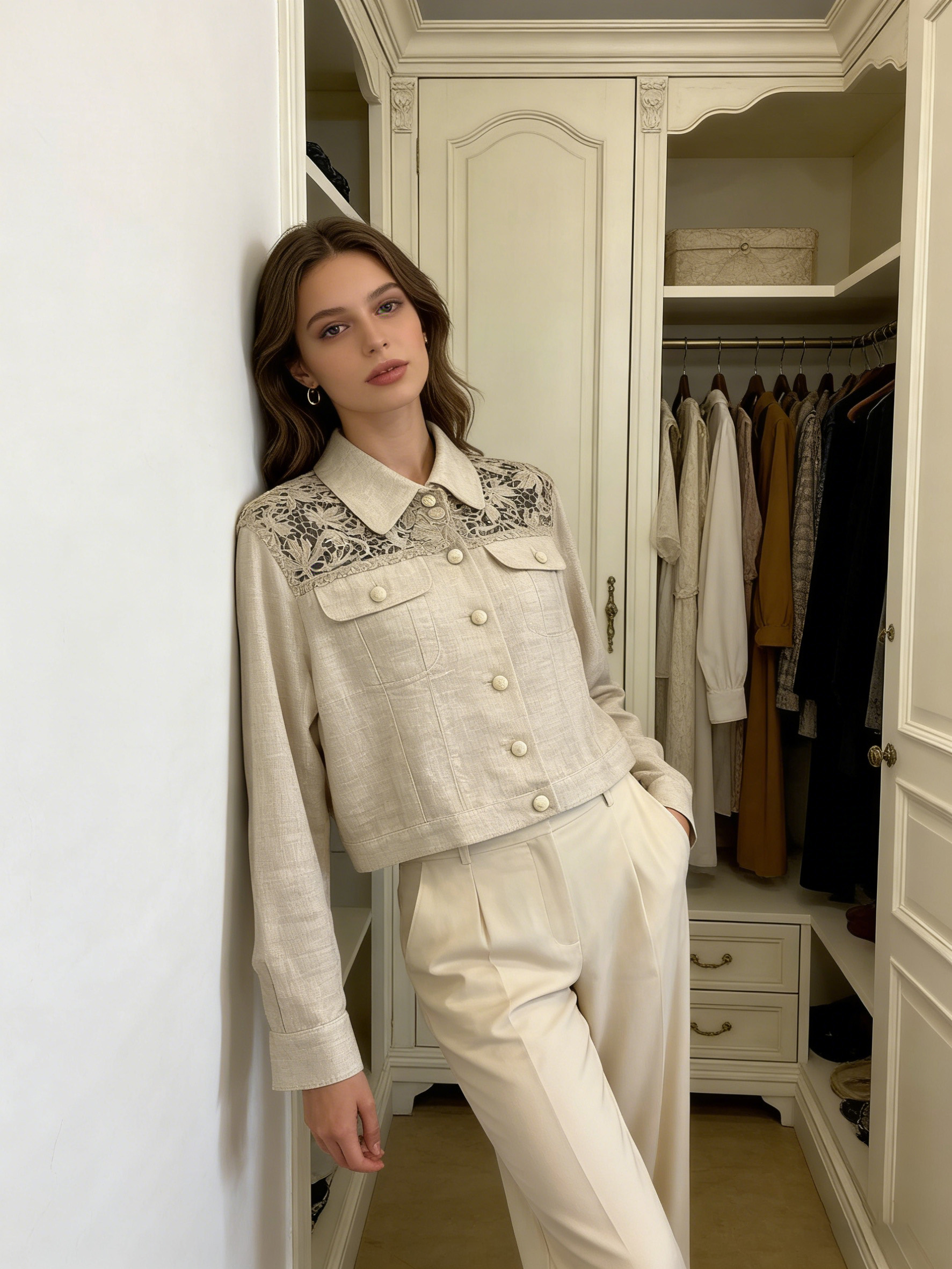 Women’s Lace Panel Linen Blend Cropped Trucker Jacket SZLA-320015