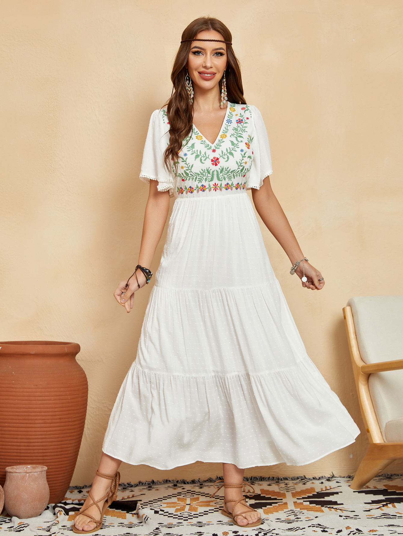 Women’s Boho Embroidered V-Neck Tiered Maxi Dress D-34762
