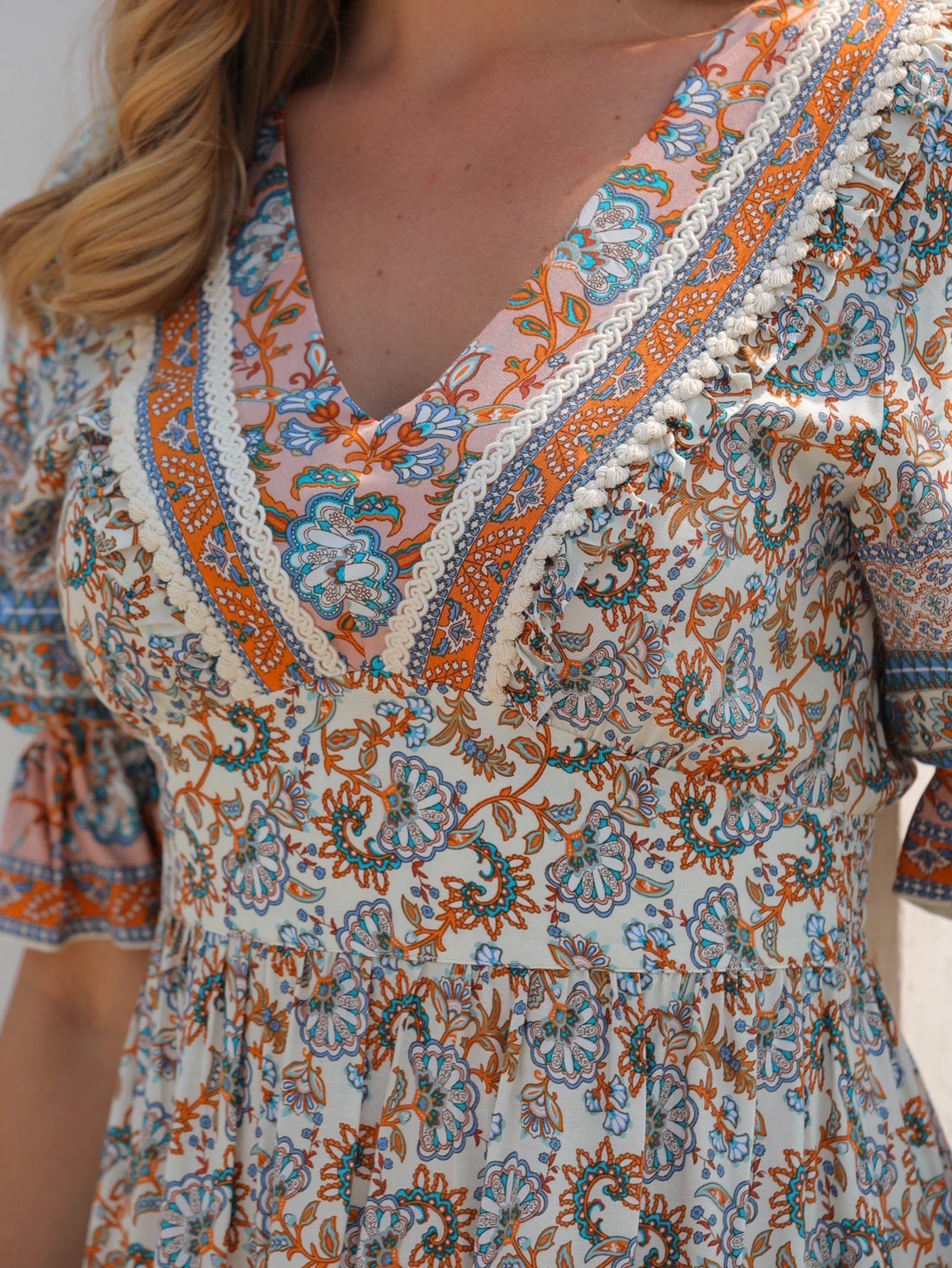 Women’s Boho Print V Neck High Waist Mini Dress M-31578