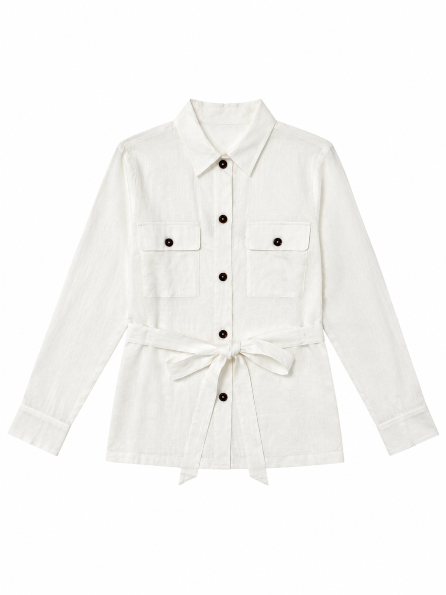 Collared Belted Tie‑Waist Linen Overshirt W-43594