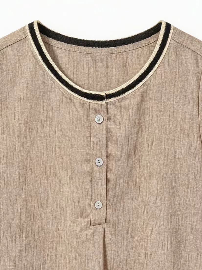 Elegant Linen-Blend Blouse with Contrast Ribbed Neckline AN-750016