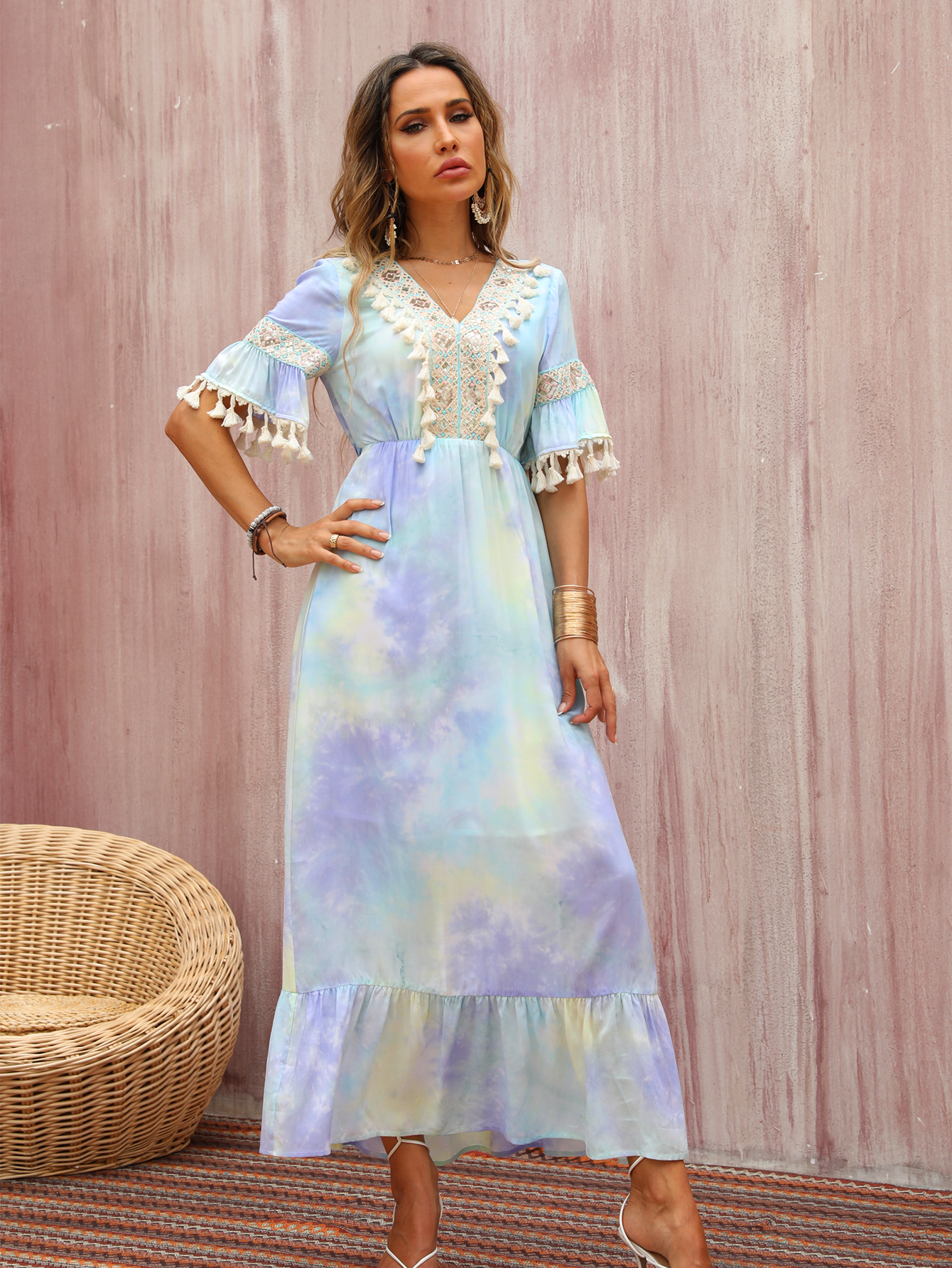 Women’s Watercolor Tie-Dye Boho Maxi Dress W-32804