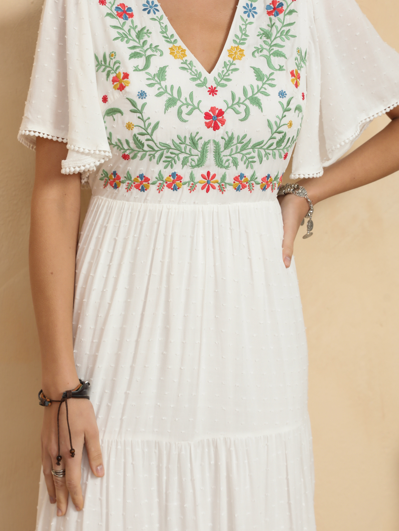 Women’s Boho Embroidered V-Neck Tiered Maxi Dress D-34762