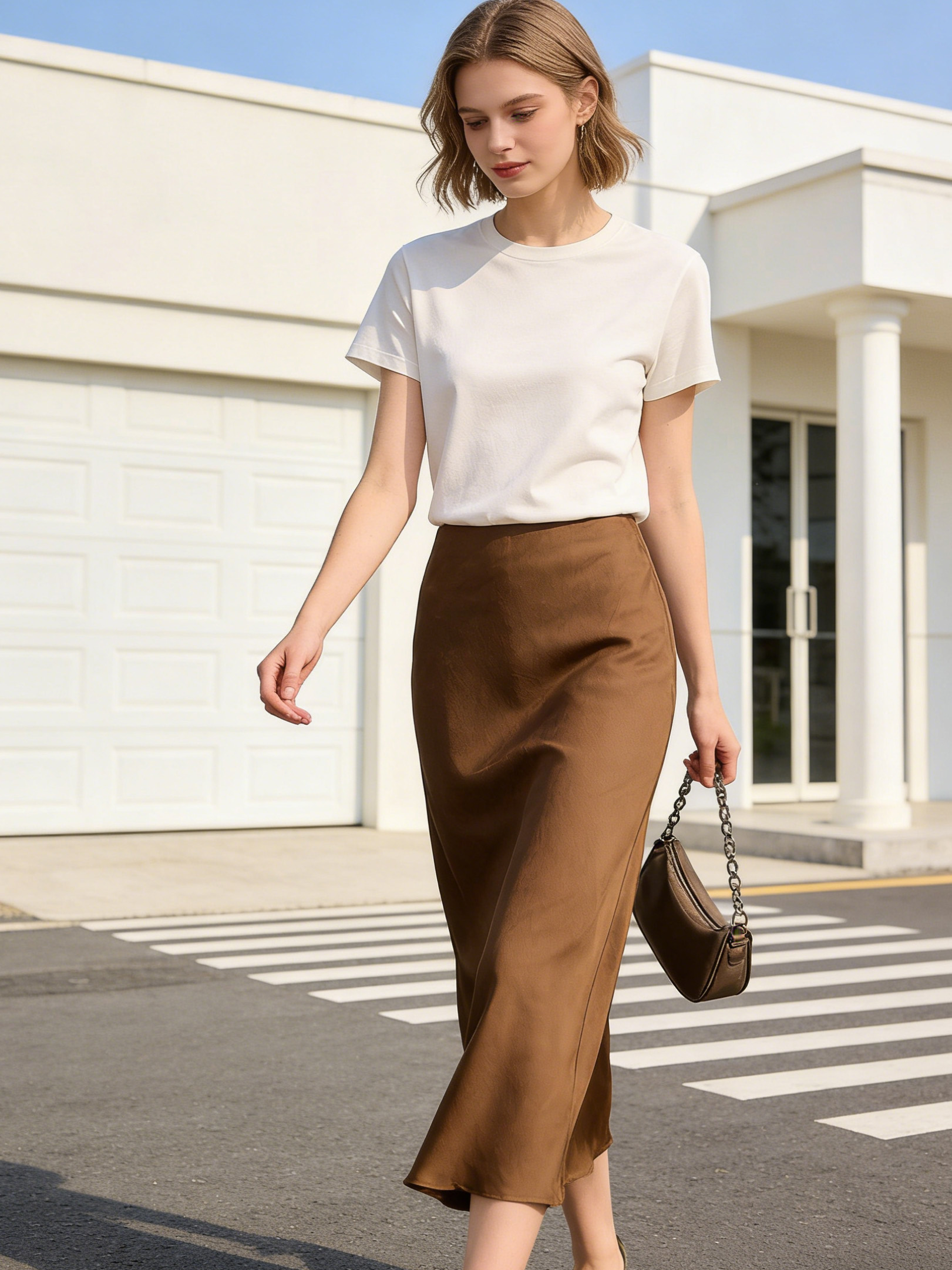 Elegant  Satin Office Skirt - Side Slit Tailored Midi Skirt  AN-710014