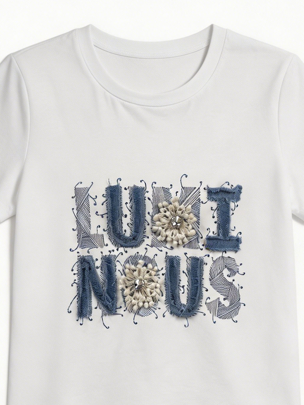 Women's Romantic Beaded Embroidery Letter T-Shirt Casual Summer Top M-42129-22