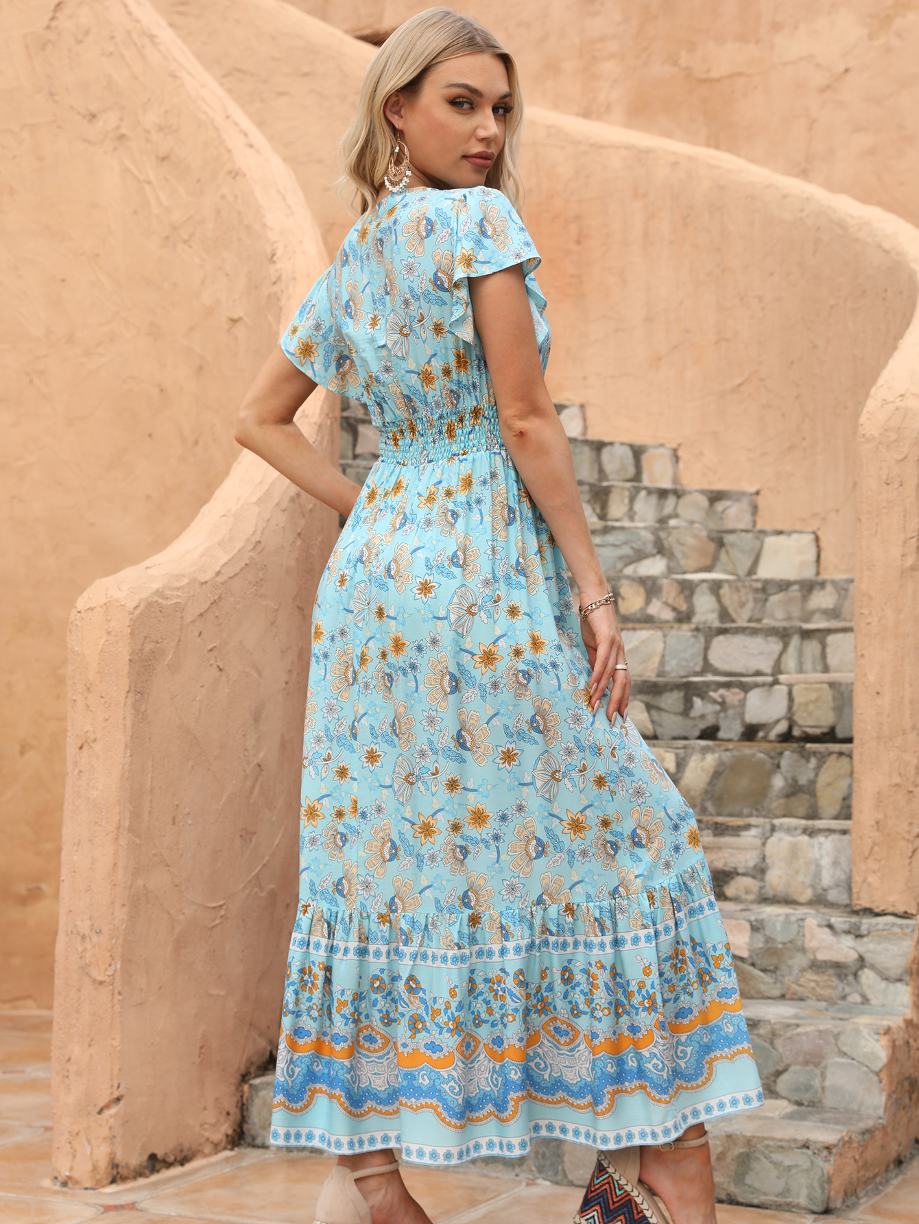 Women’s Blue Boho Floral Tassel Tie Maxi Dress D-35447