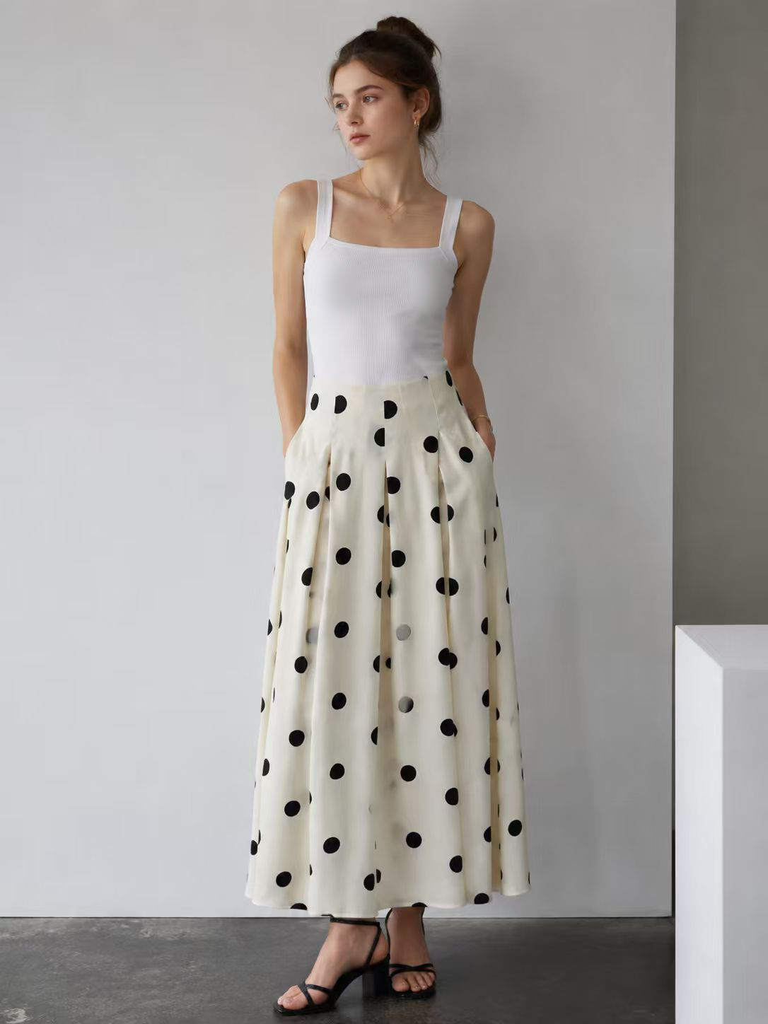 Black White Polka Dot High Waist Midi Skirt with Pockets - Retro A-Line Skirt W-38965