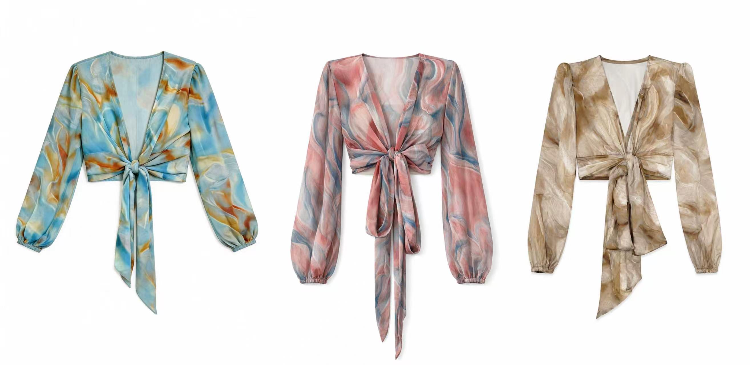 Minimalist Sheer Tie-Dye Long-Sleeve Wrap Blouse LA-710010