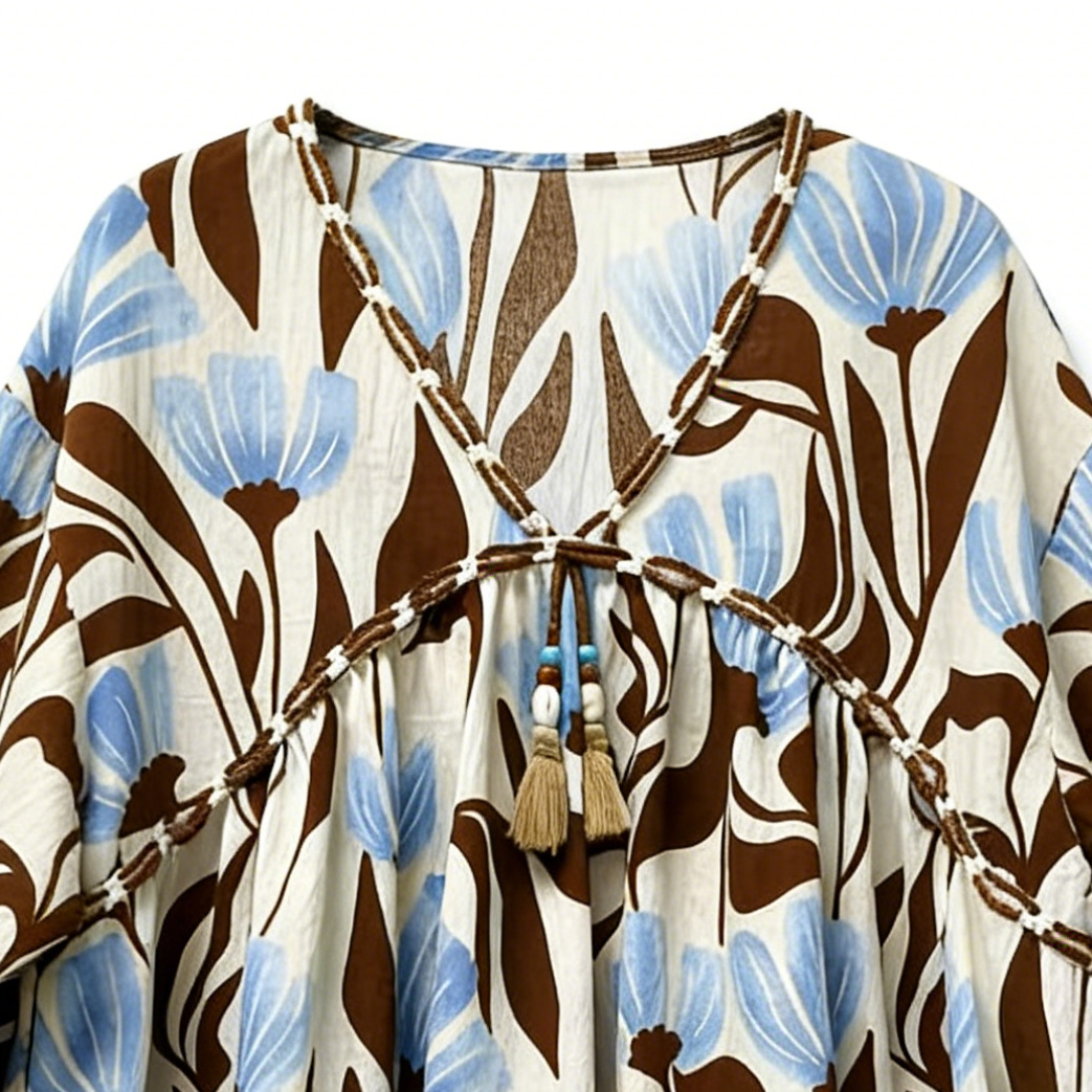 Women Boho Floral Tassel Tunic Blouse Resort Wear C-42531