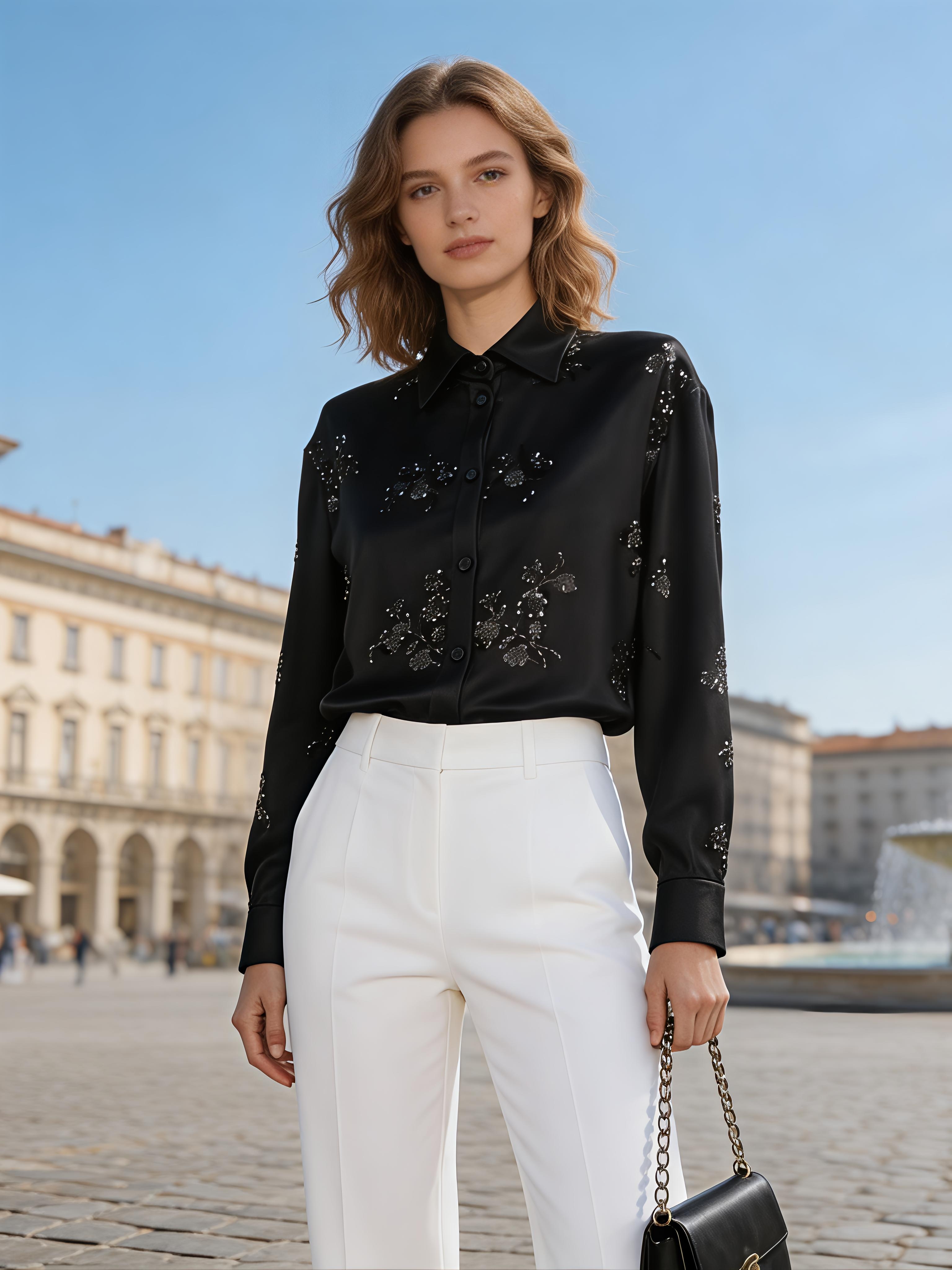 Black Sequin Floral Satin Blouse W-34363