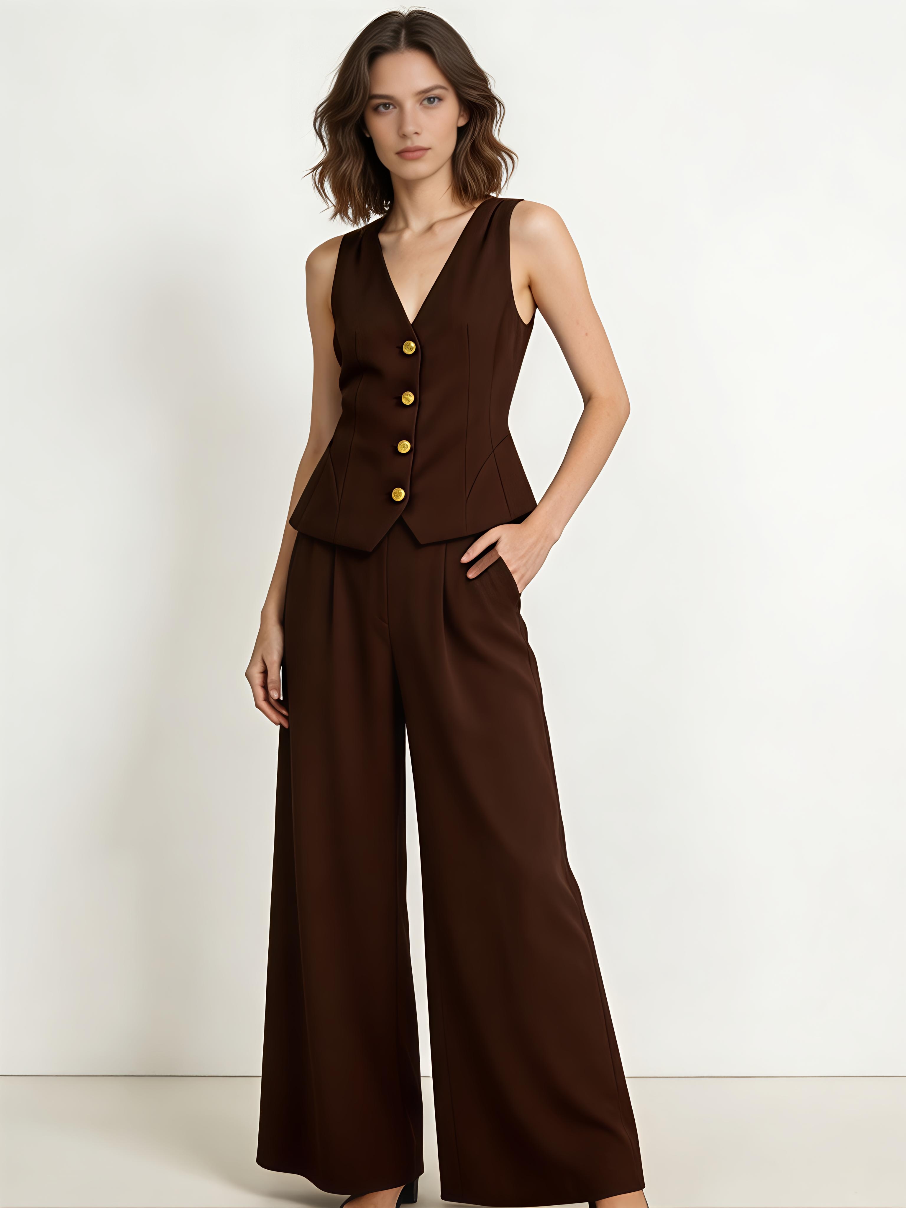 Quiet Luxury Peplum Vest & Wide-Leg Pants 2-Piece Set with Gold Buttons C-41337+C-41338