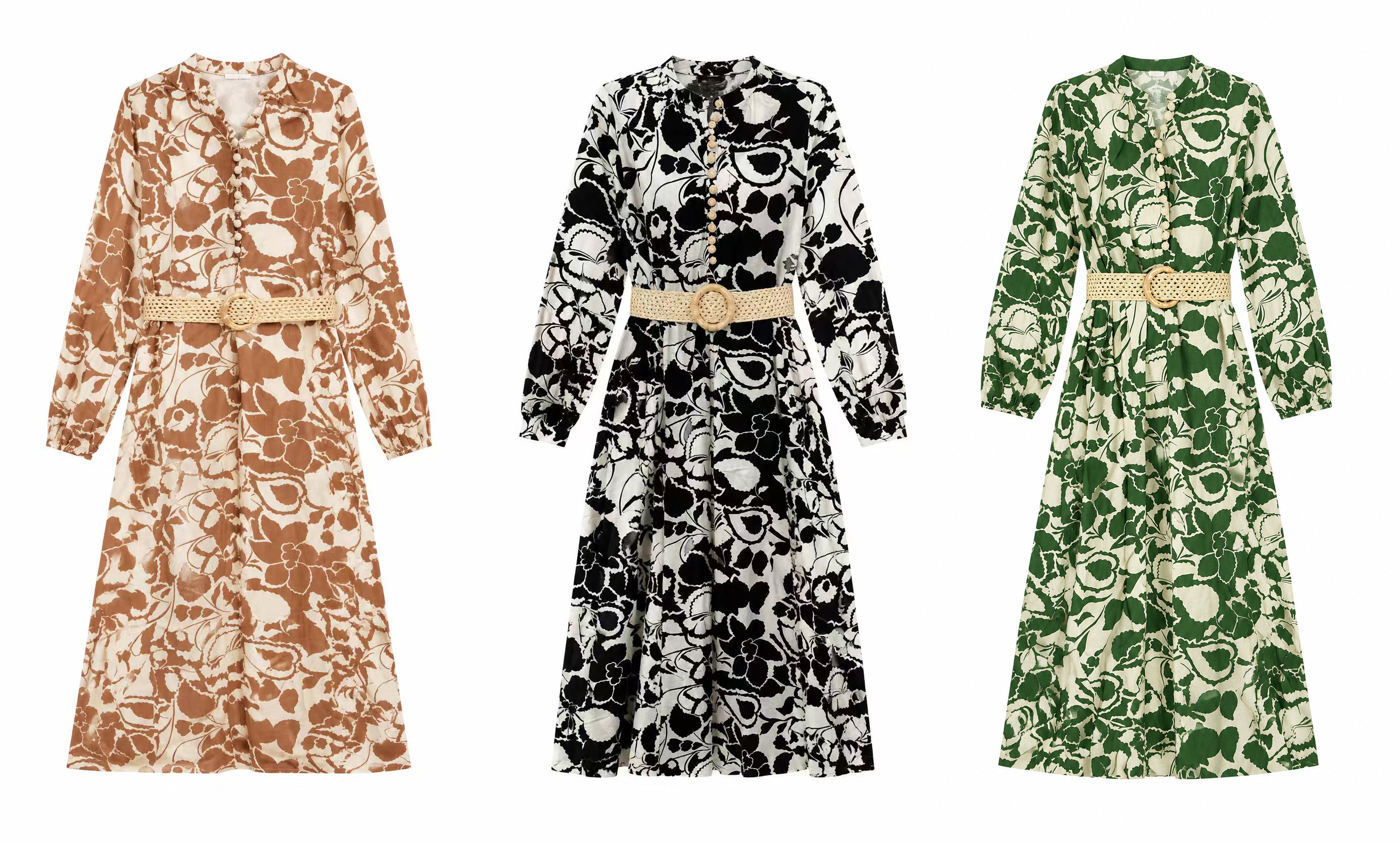 Elegant  Floral Print Midi Dress - Puff Sleeve Belted Dress AN-710026