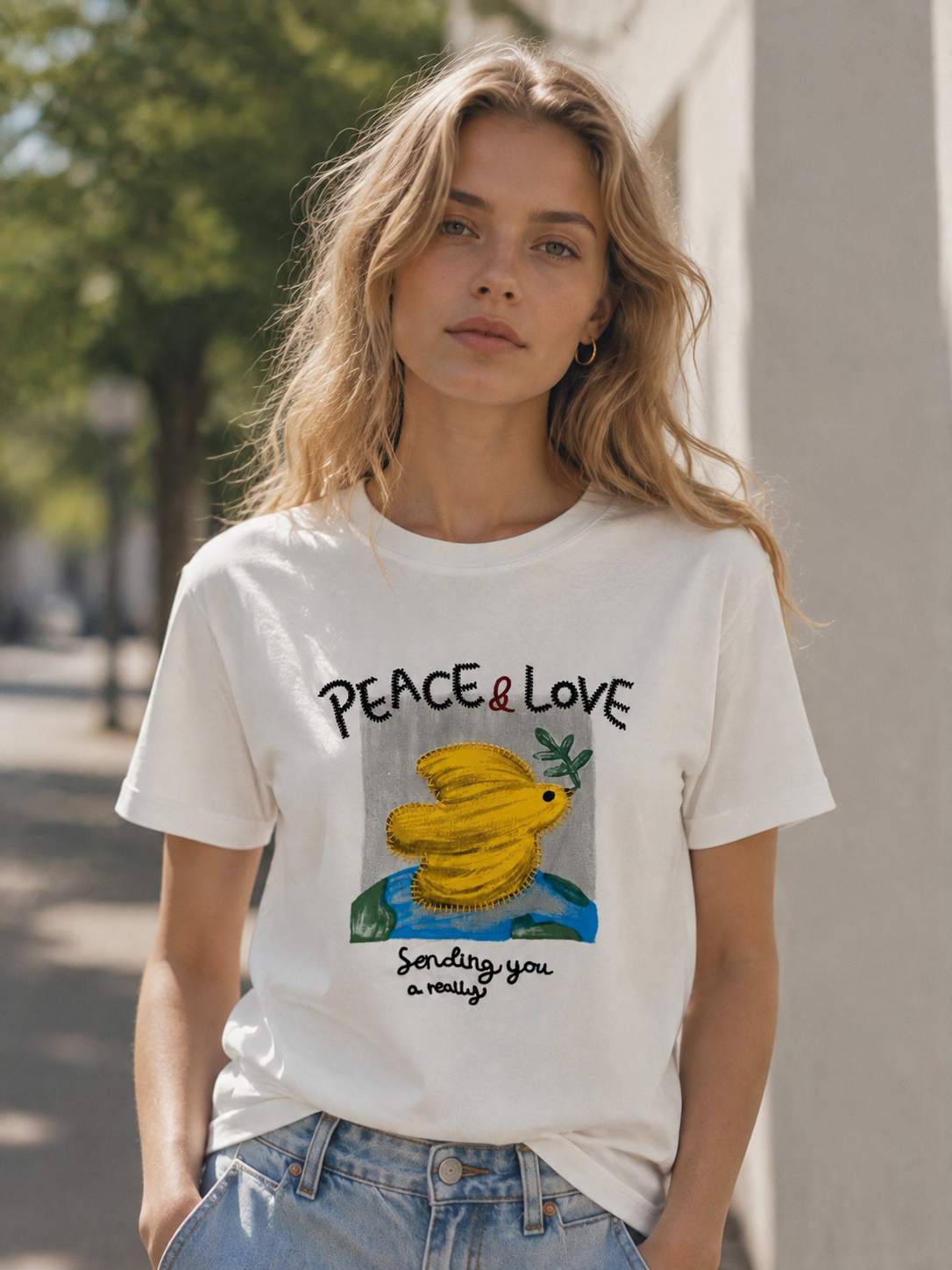 Women's White Peace and Love Frog Graphic T-Shirt 9799