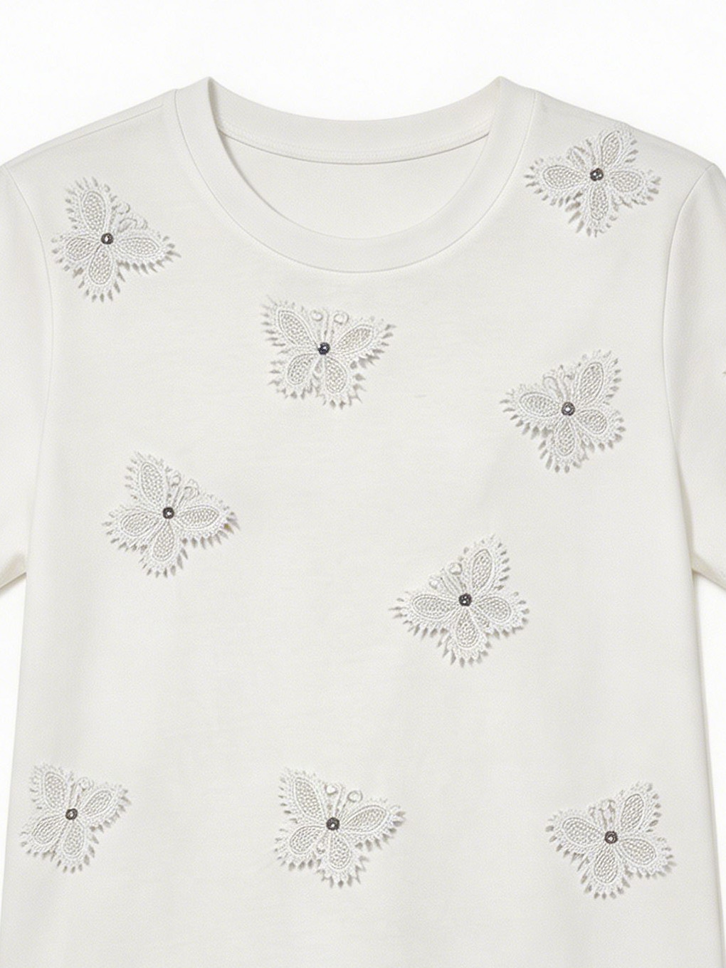 Women's White Floral Lace Applique Embellished T-Shirt Short Sleeve Casual Summer Top M-40196-3