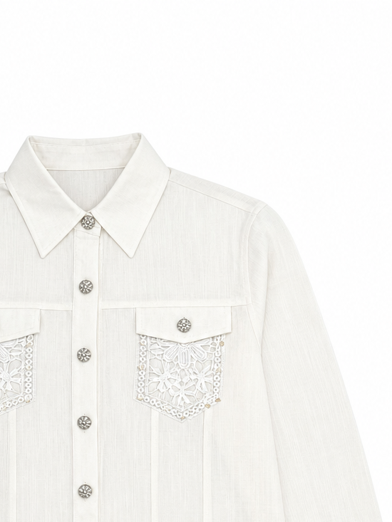 Boho Vintage Lace‑Pocket Long‑Sleeve Shirt D-41663