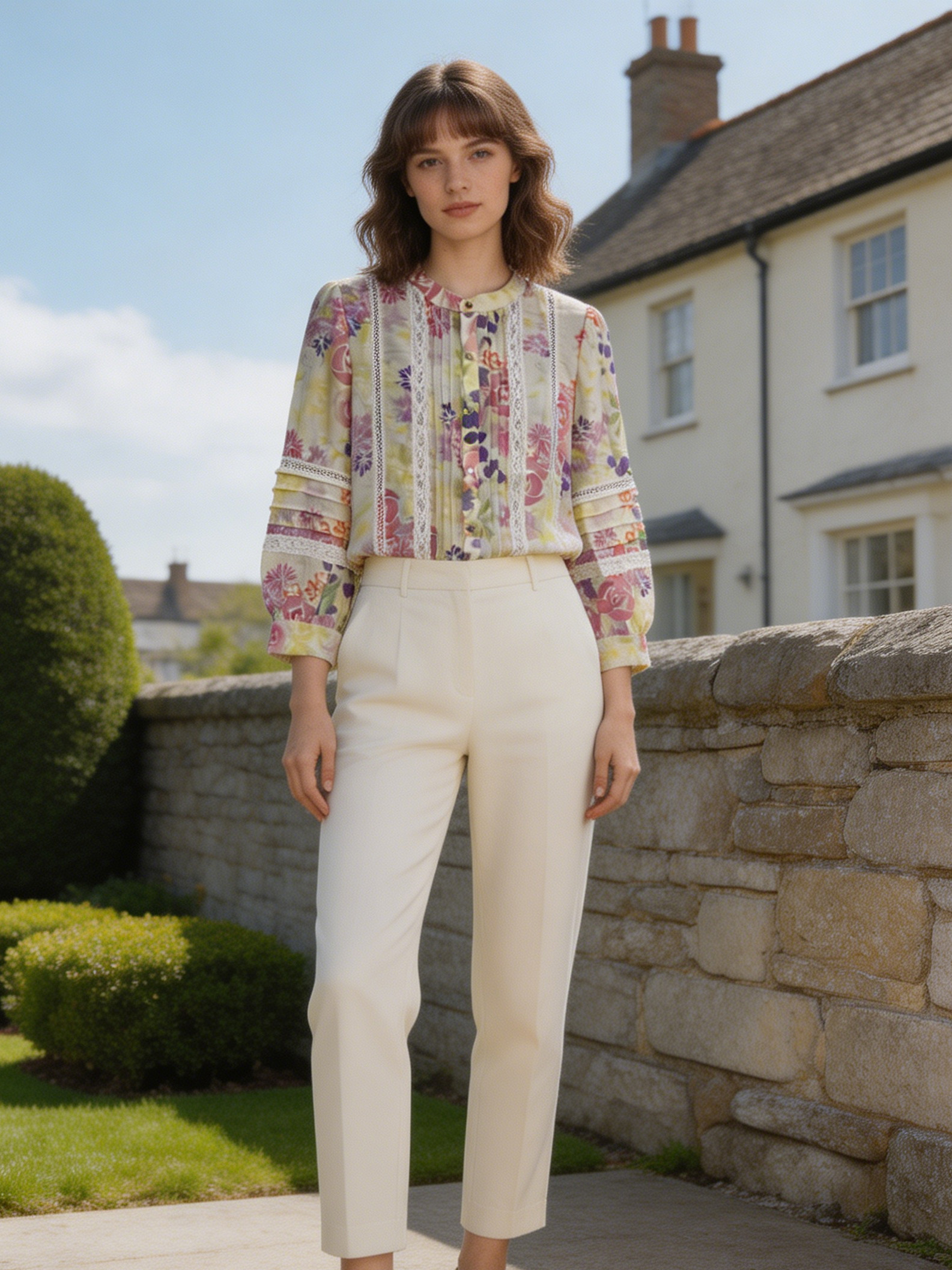 Boho  Floral Print Shirt - Lace Trim Relaxed Fit Blouse AN-710007