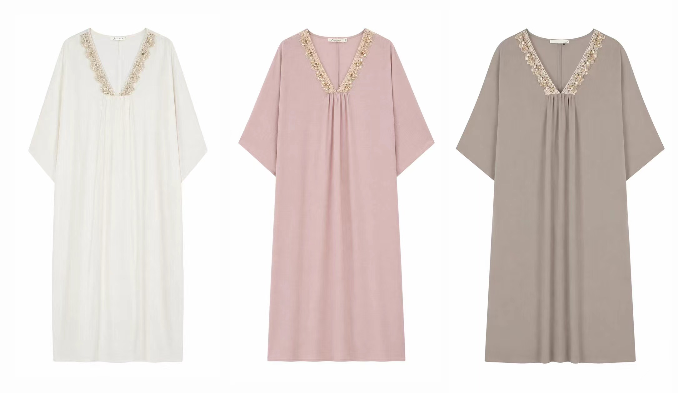 Linen-Blend Kaftan Dress with Shell & Lace Neckline LA-810005