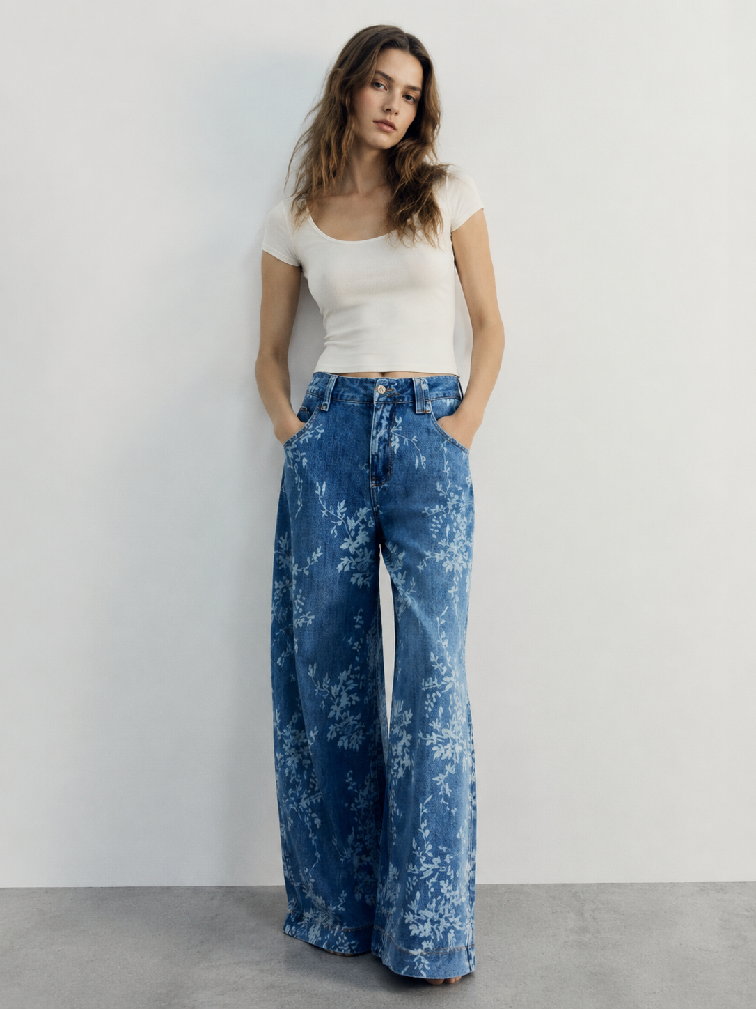 Spring Floral Wide Leg Jeans High Waist Printed Denim for Women ZY6021