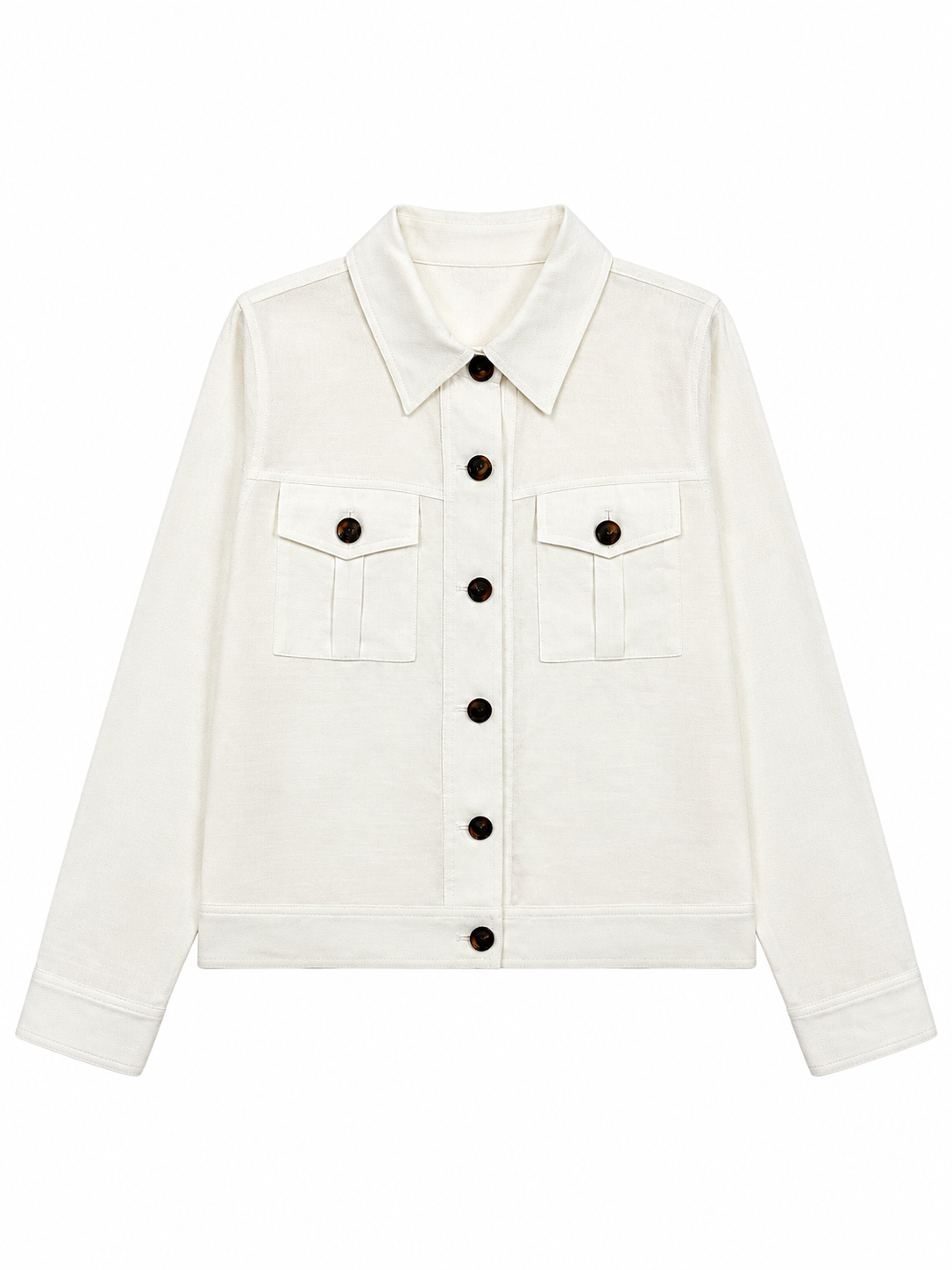 Women White Pure Linen Trucker‑Style Jacket W-43600