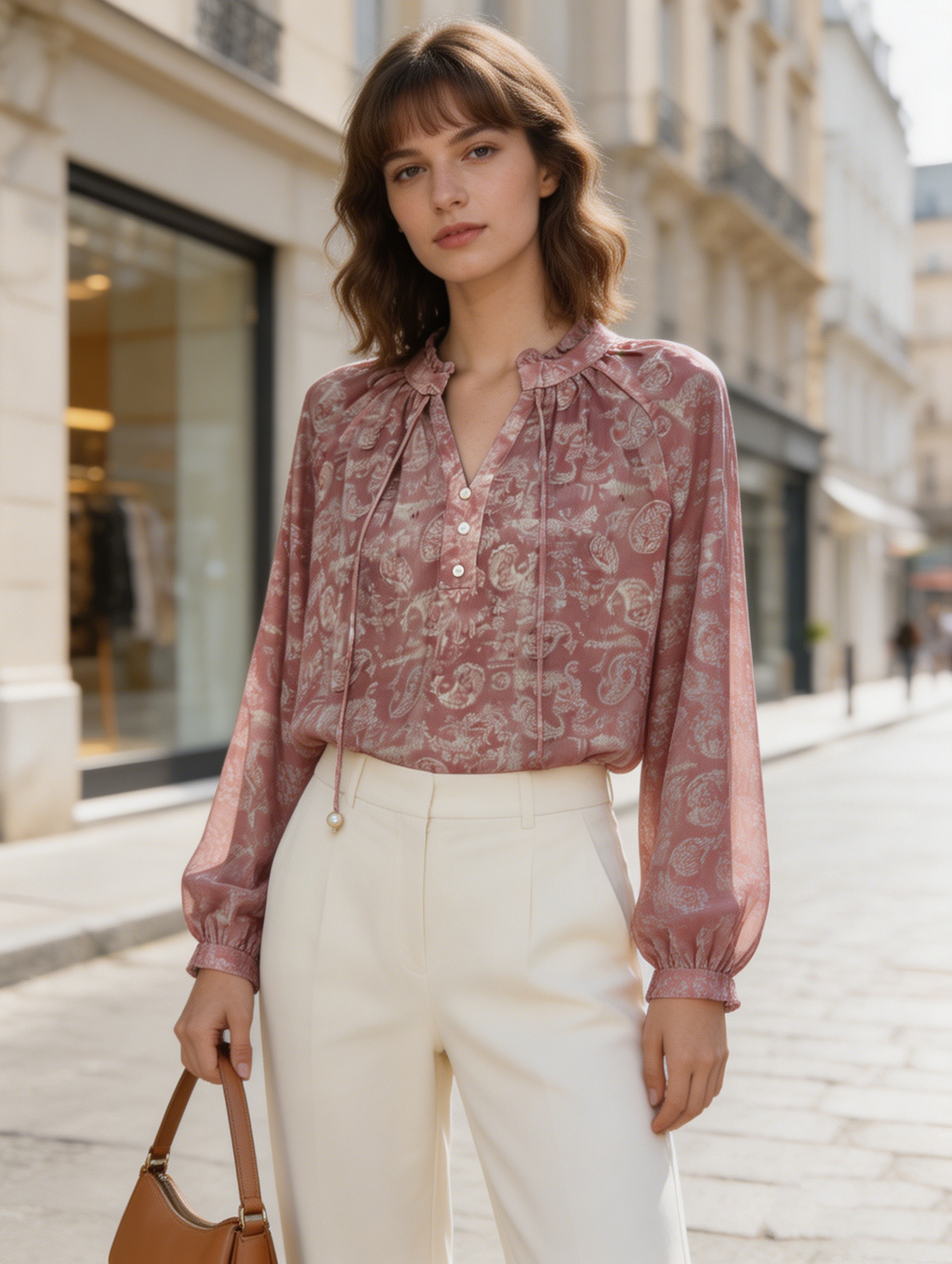 Women's  Paisley Print Blouse - Tie Neck Puff Sleeve Top AN-710020