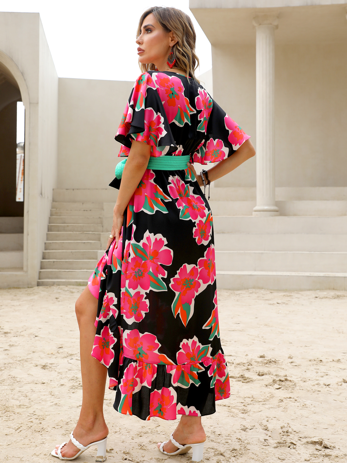 Women’s Tropical Bold Floral Wrap Maxi Dress W-32738