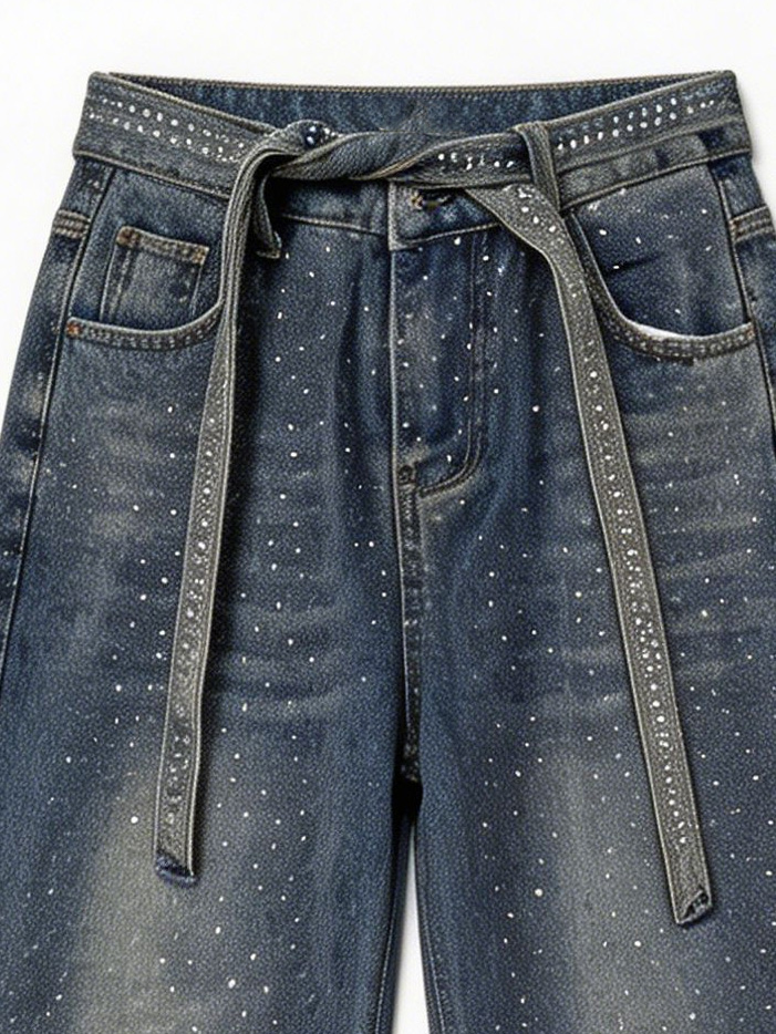 Women's Crystal Embellished Baggy High Waisted Denim Jeans ZY6035