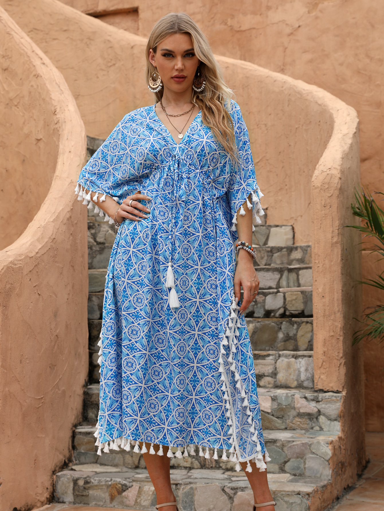 Women’s Resort Geometric Print Beach Caftan Dress D-35215