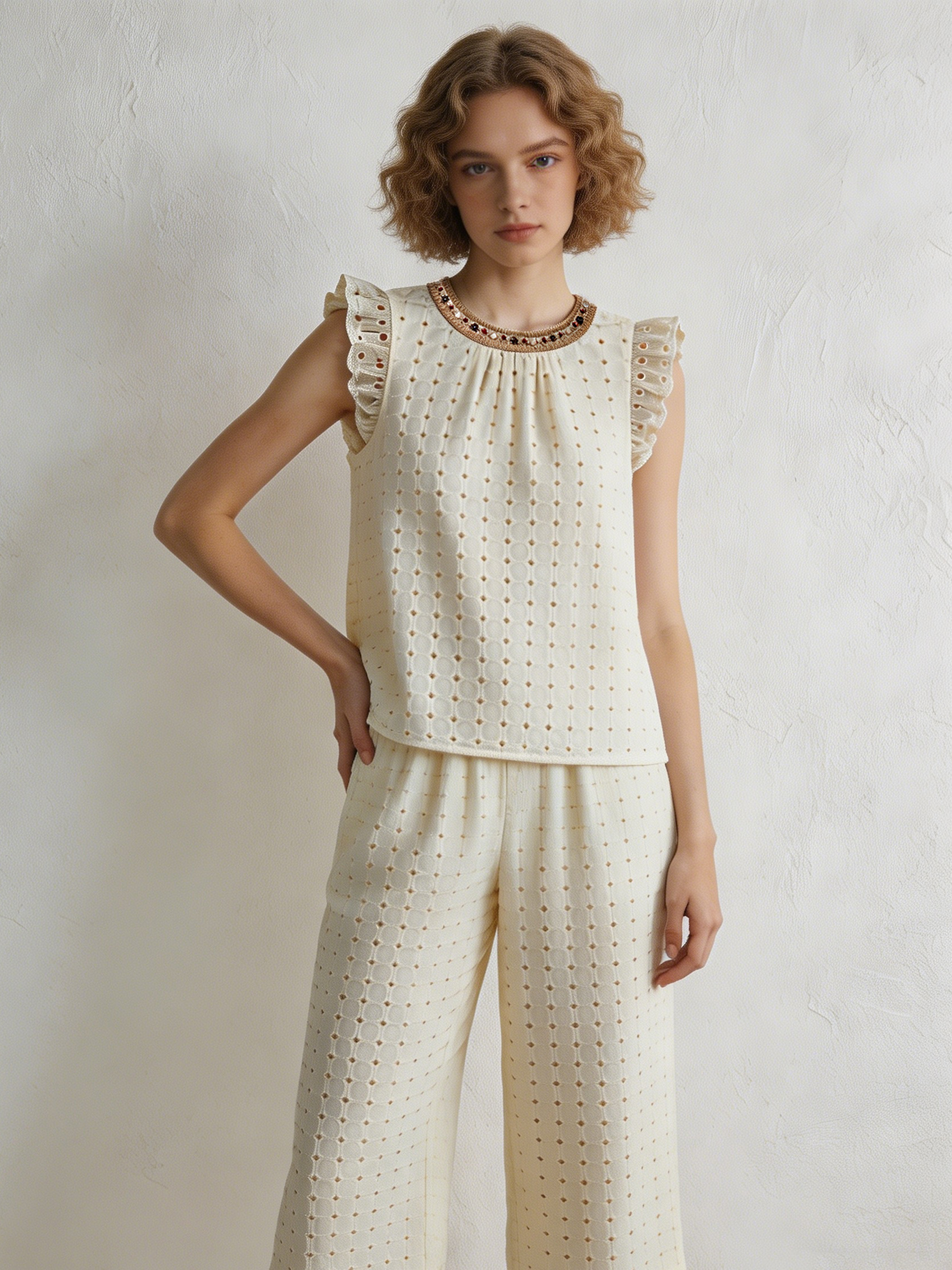 Women's Beige Embroidered Ruffle Sleeveless Top & Wide Leg Pants Set  W-40527+W-40528