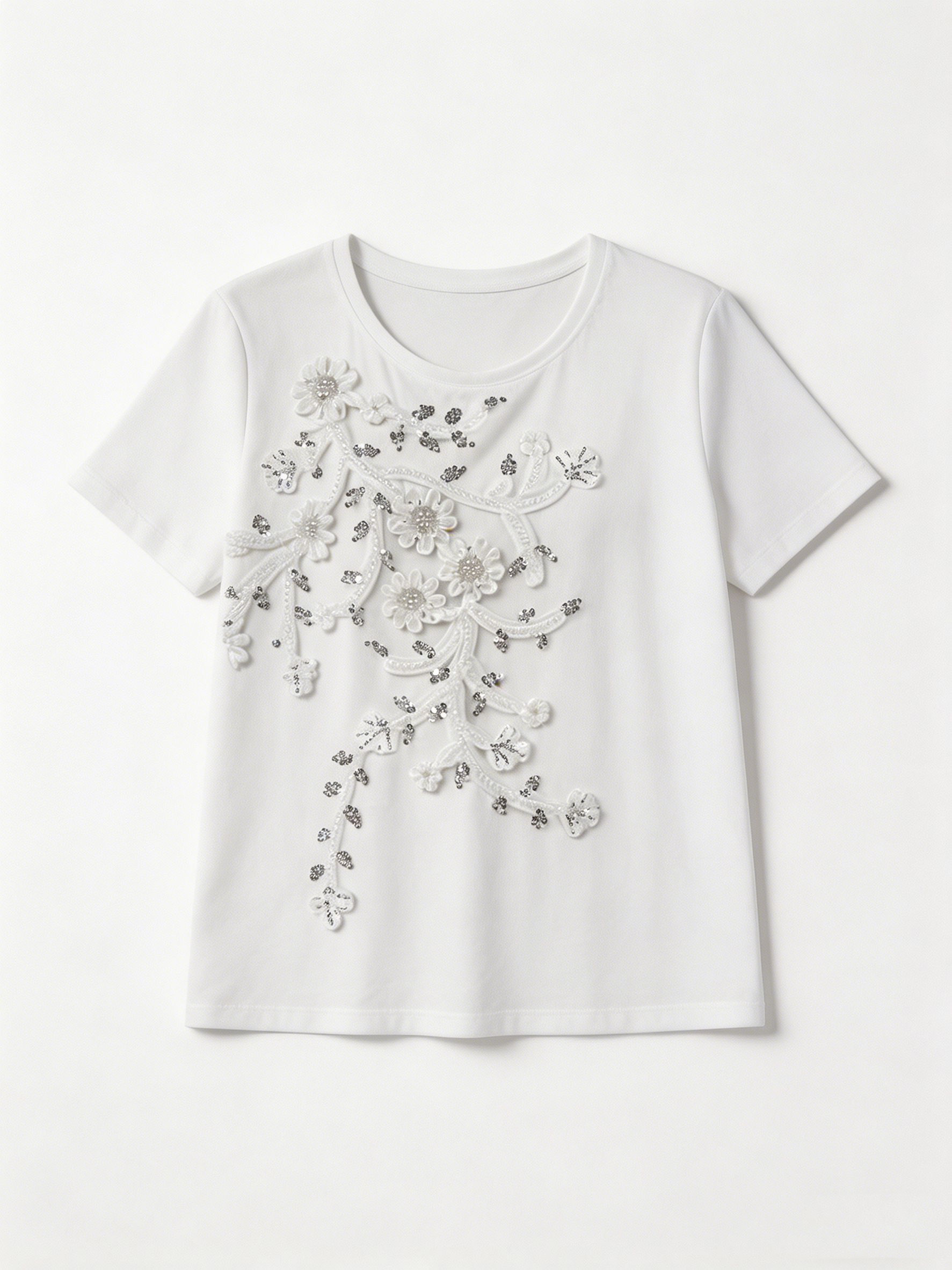 Heavy Sequin 3D Flower Embellished White Slub Tee for Ladies M-42284