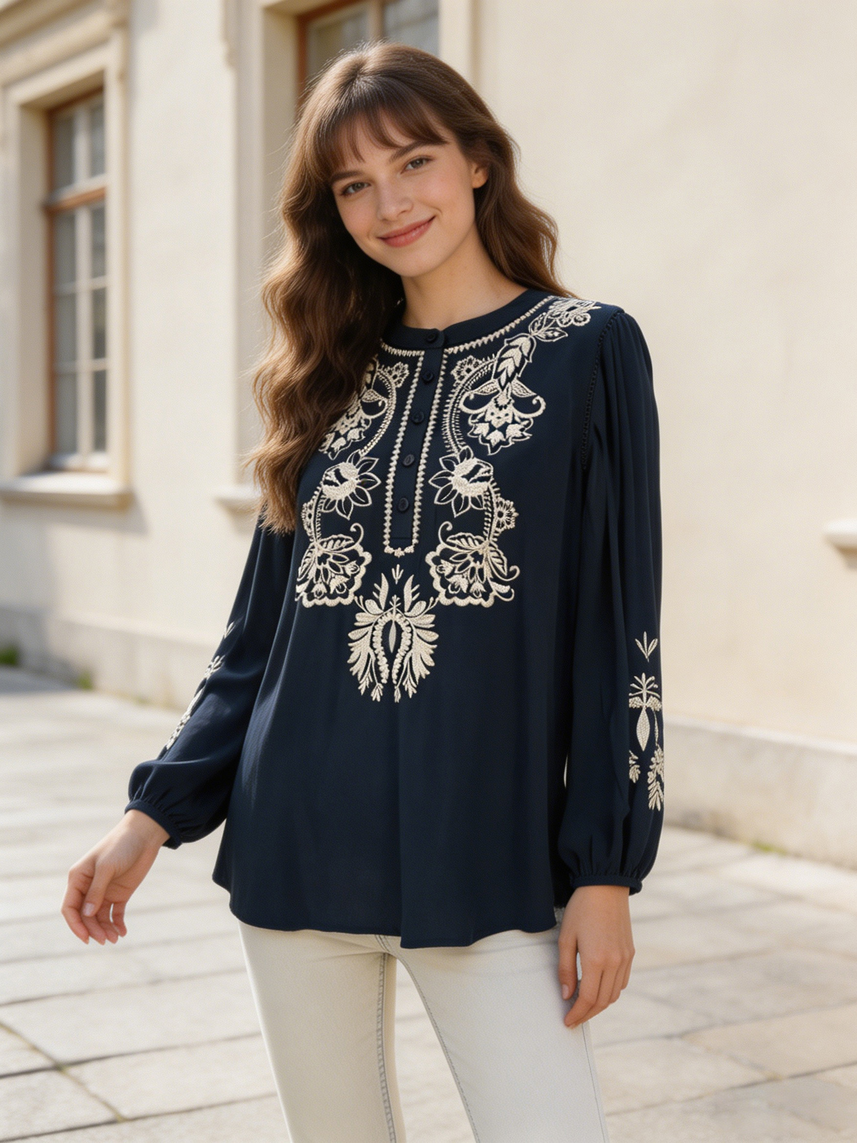 Wholesale Navy Blue Floral Embroidered Tunic Top Boho Long Sleeve Button Down Blouse AN-260413