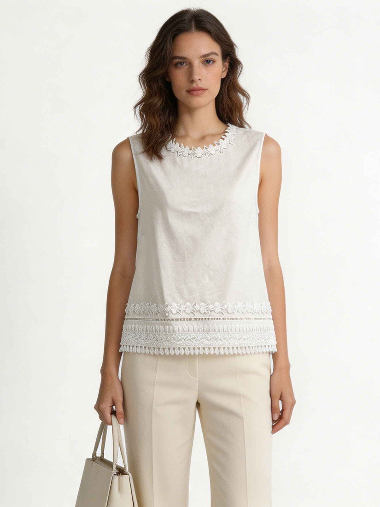 Women’s White Linen Embroidered Sleeveless Top – Summer Casual Resort Blouse A-42605