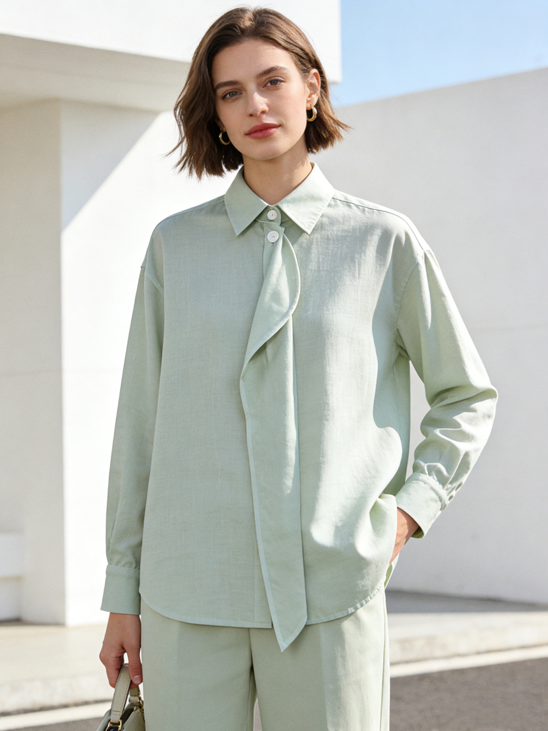 Elegant White Draped Front Shirt - Oversized Collar Office Blouse  AN-710011