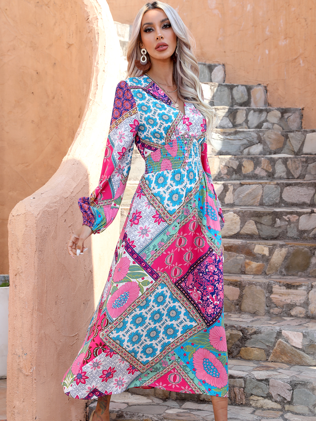 Women Boho Patchwork Print Collar V Neck Long Sleeve Vacation Maxi Dress W-34340