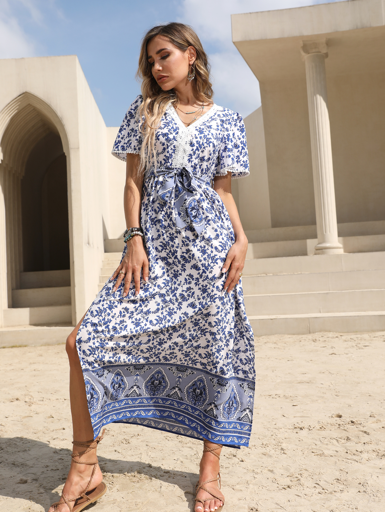 Women’s Boho Floral Maxi Dress with V-Neck & Side Slit – Summer Resort Wear D-32737