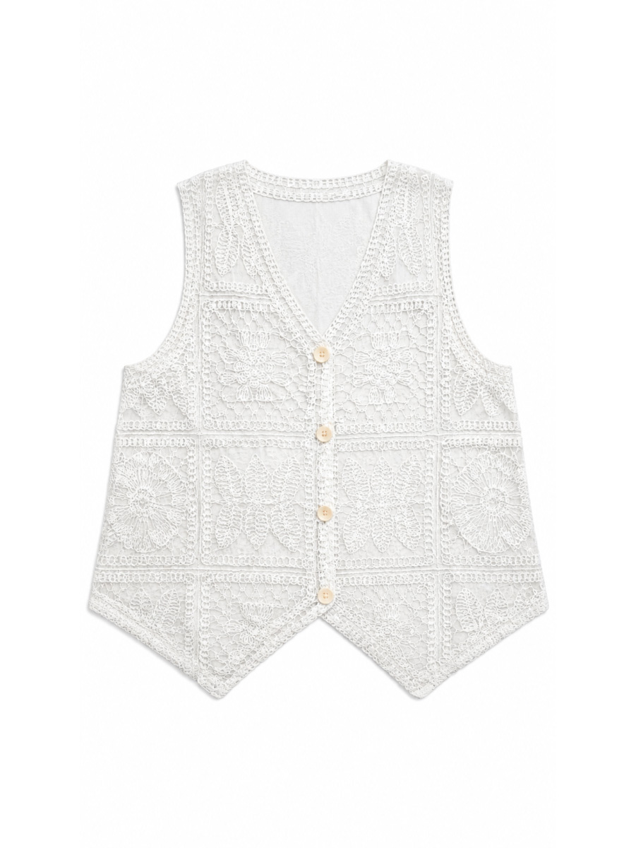 Women's White V-Neck Button-Front Crochet Vest A29