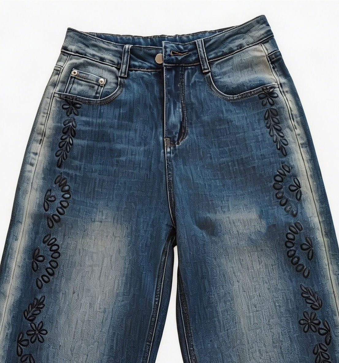 Boho Chic Laser Printed Wide Leg Jeans High Waist Side Pattern Statement Denim ZY6029