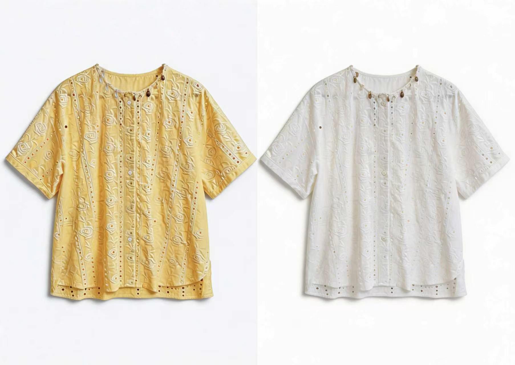 Minimalist Embroidered Eyelet Blouse with Beaded Trim AN-750013