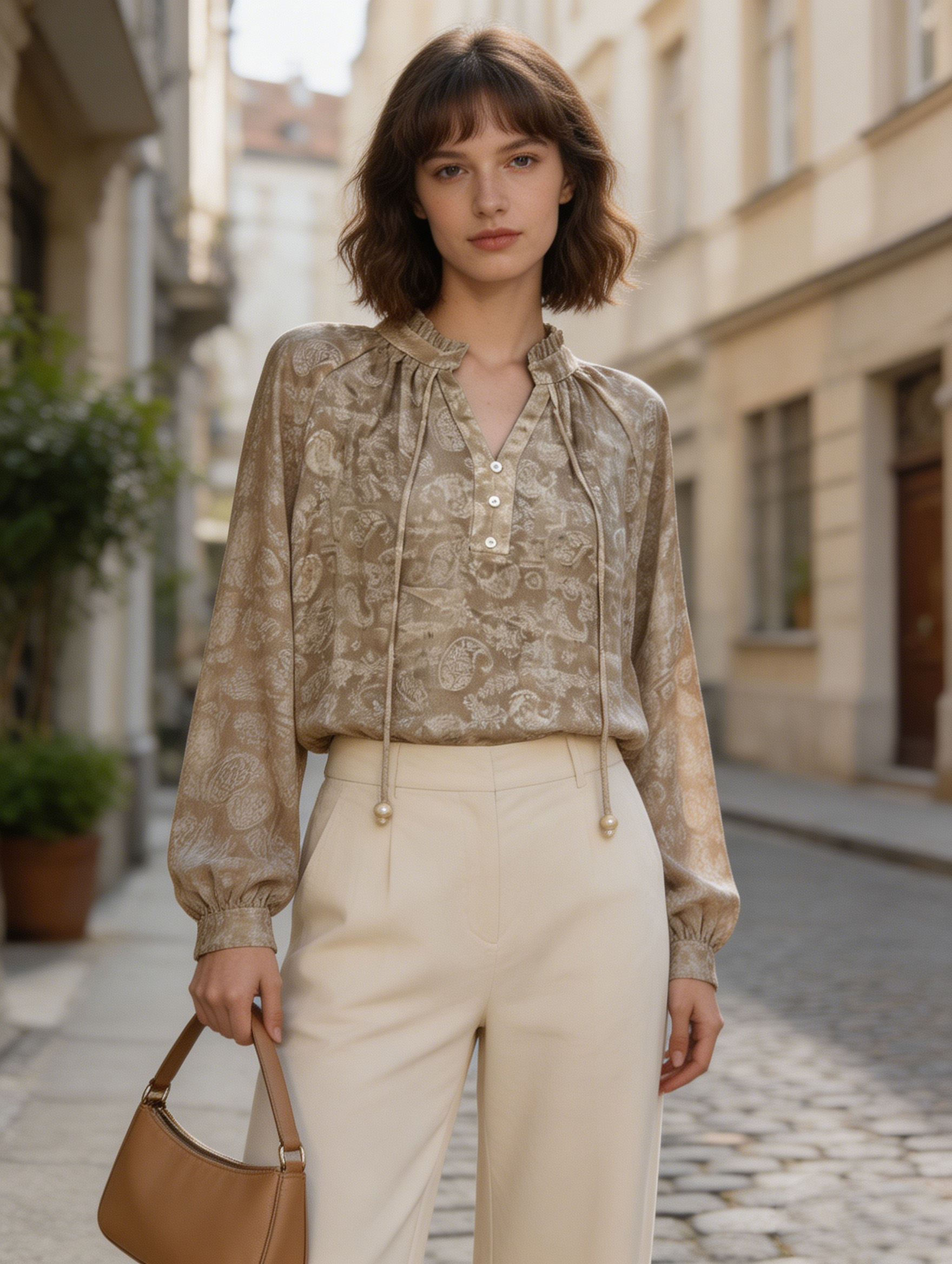 Women's  Paisley Print Blouse - Tie Neck Puff Sleeve Top AN-710020