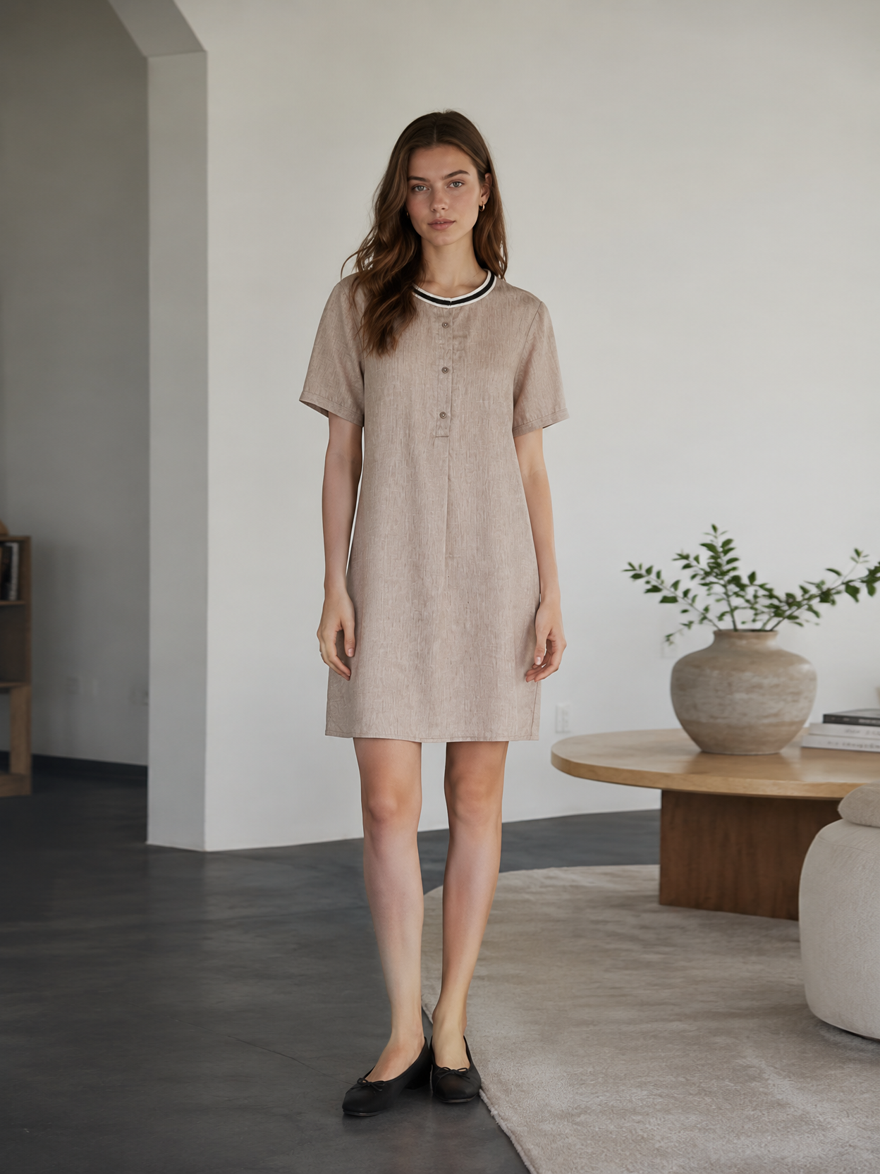 Blue Linen-Blend Tunic Dress with Contrast Neckline Trim AN-750015