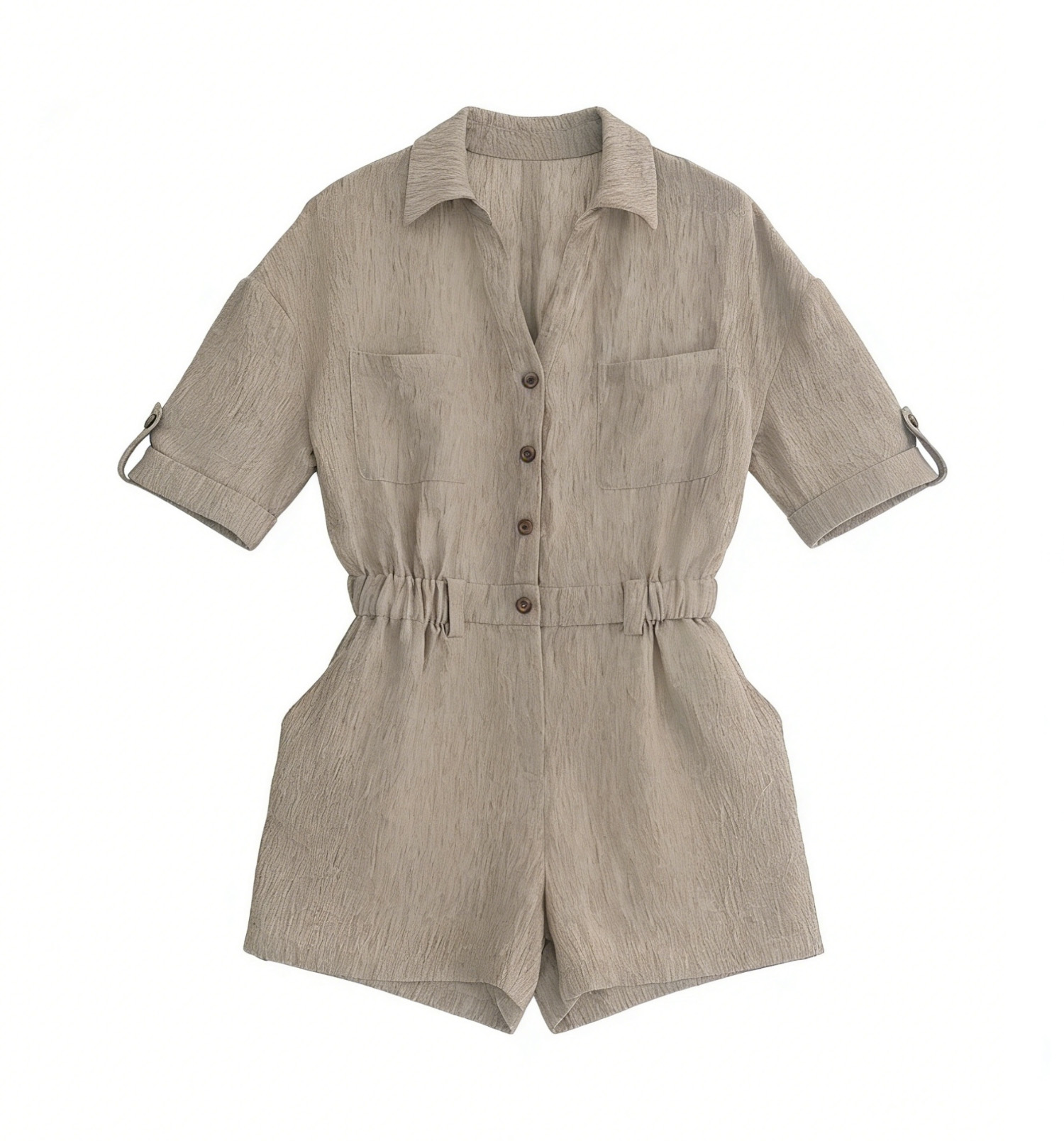 Summer Textured Utility Romper: Women's Safari Linen-Look Playsuit A-42031
