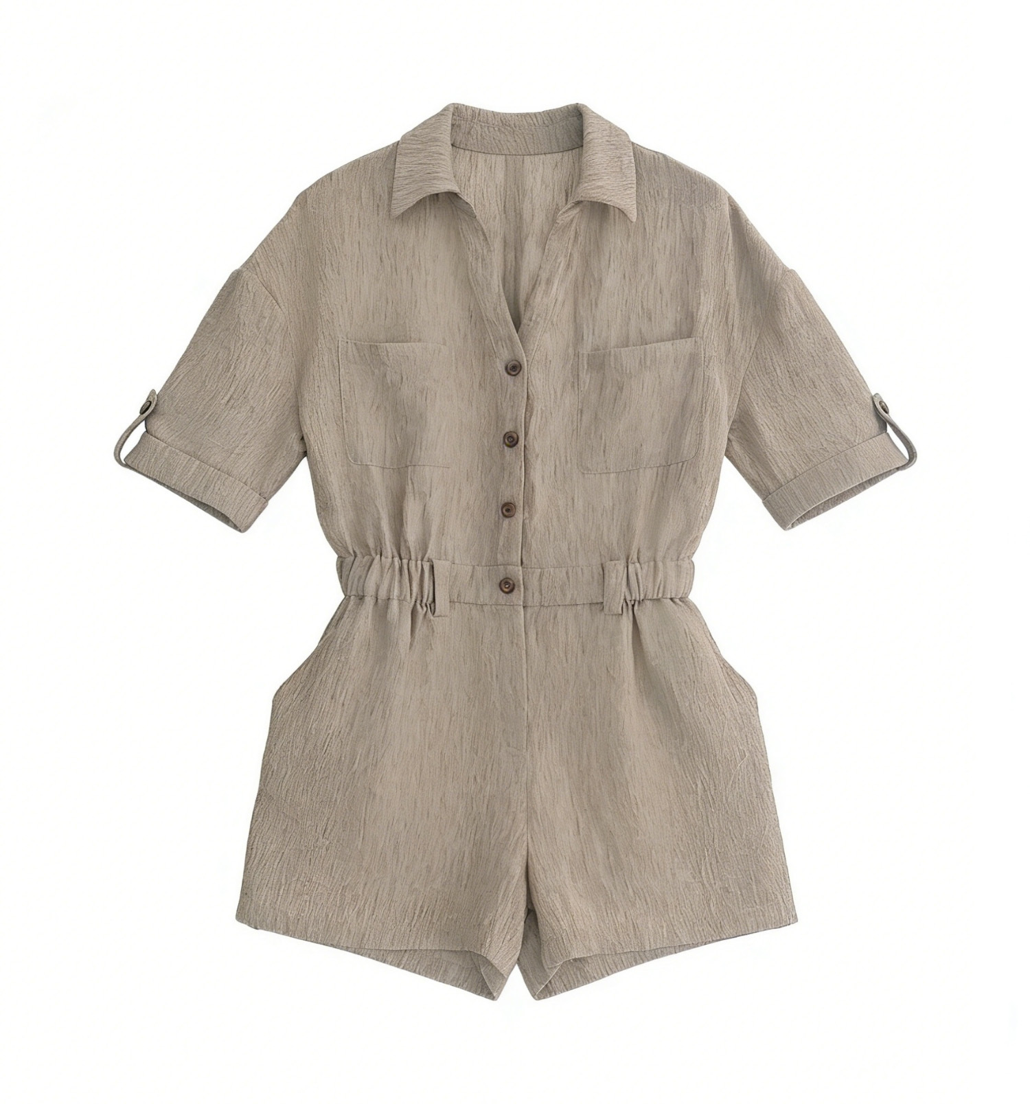 Summer Textured Utility Romper: Women's Safari Linen-Look Playsuit A-42031