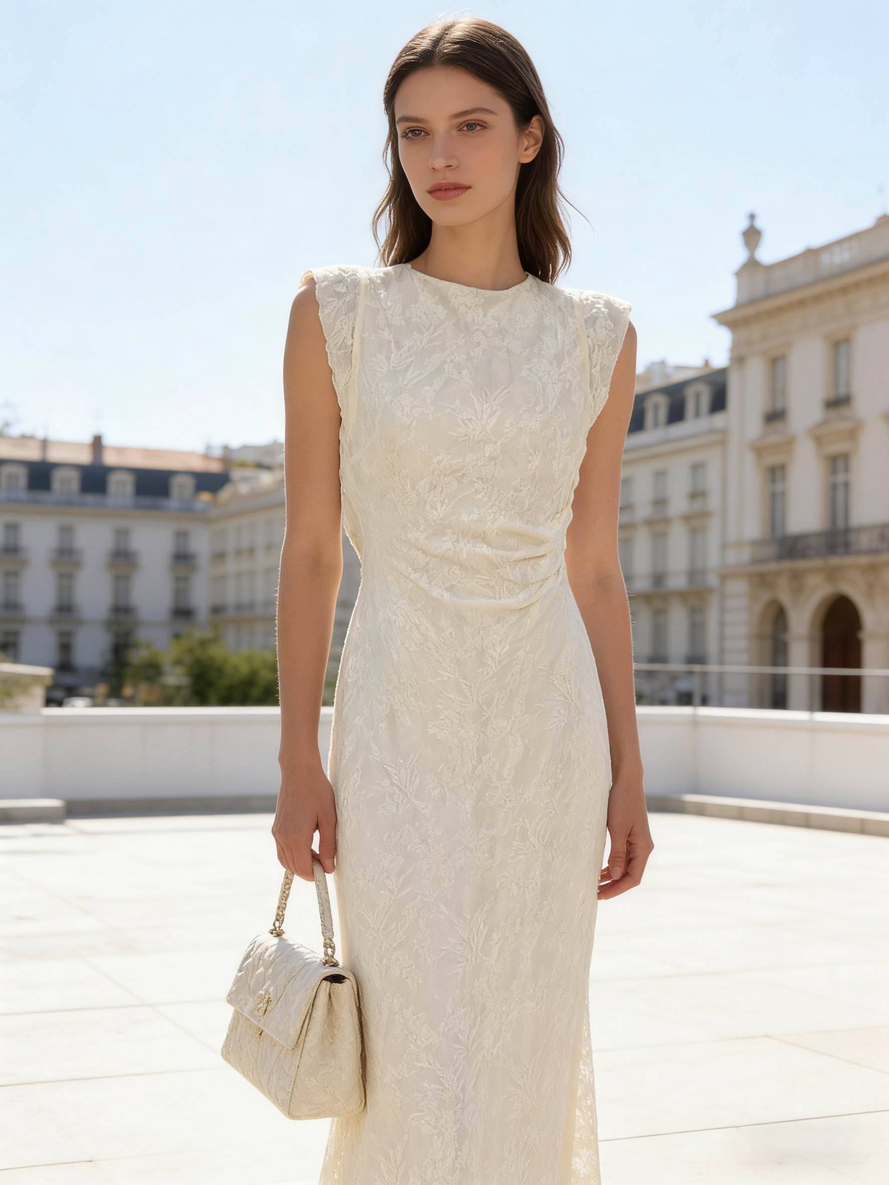 Chic Ivory Jacquard Dress - Boat Neck Ruched Waist Casual Midi Dress  W-41151