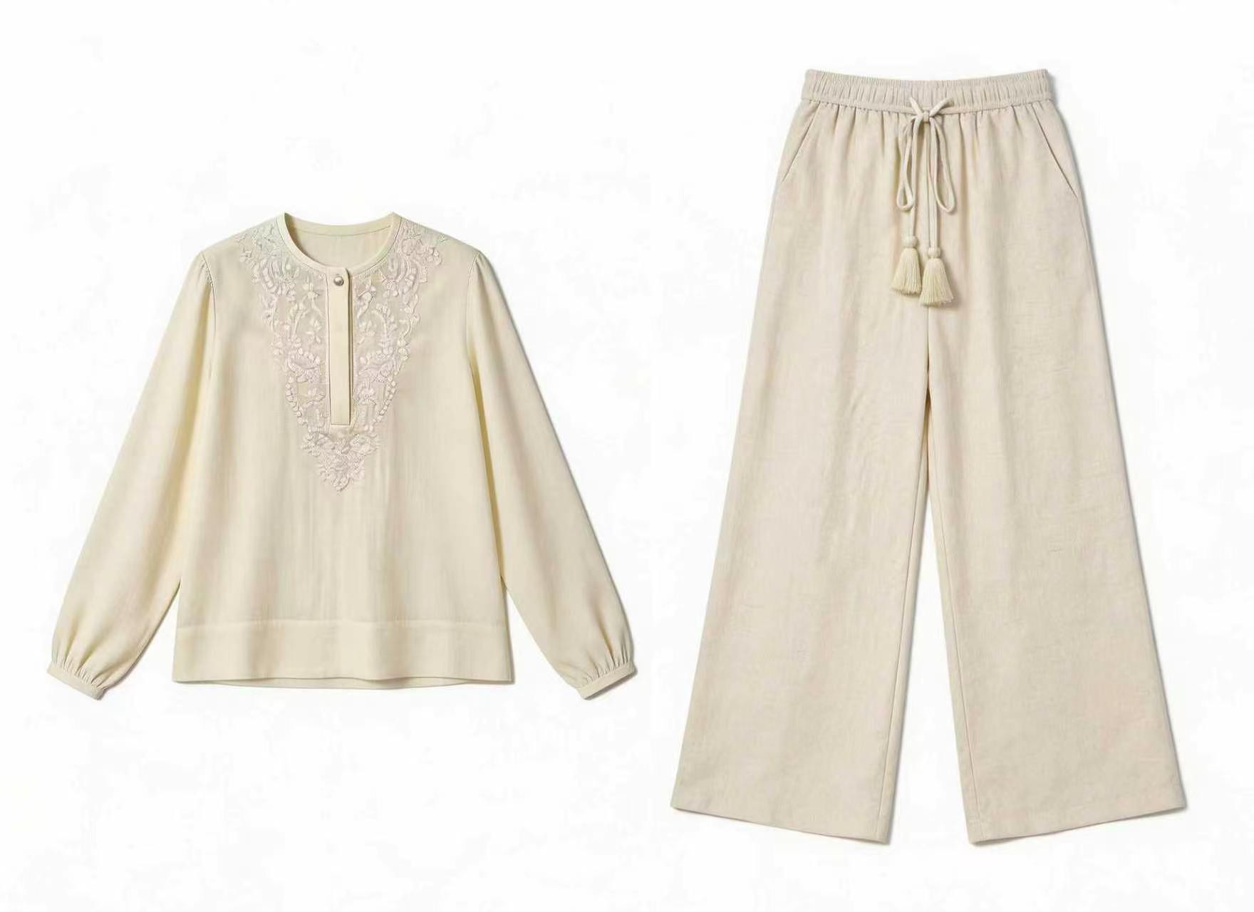 Cream Linen-Blend Embroidered Two-Piece Set - Casual Outfit W-43021+M-42740